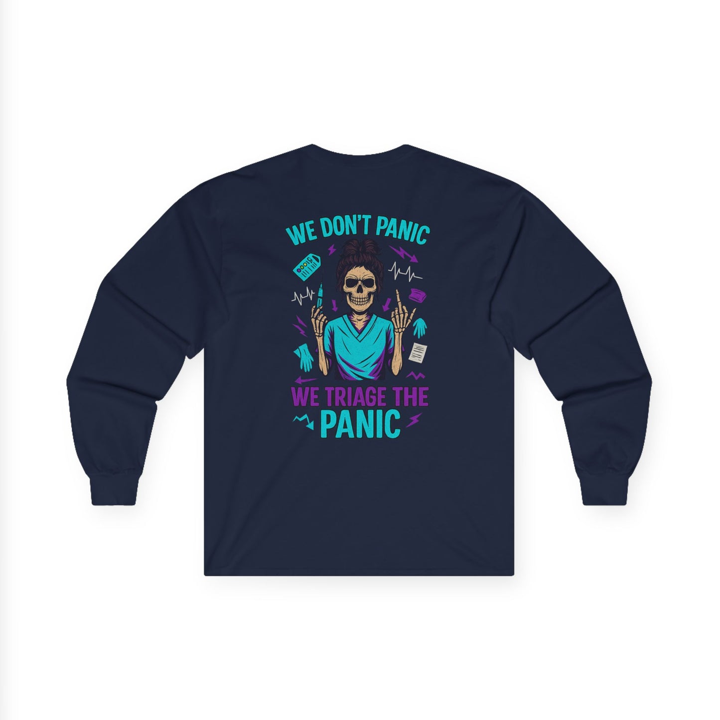 Skull Graphic Long Sleeve Tee - We Don't Panic, Unisex Cotton Top, Casual Wear, Halloween Gift, Trendy Streetwear, Unique Graphic Tee