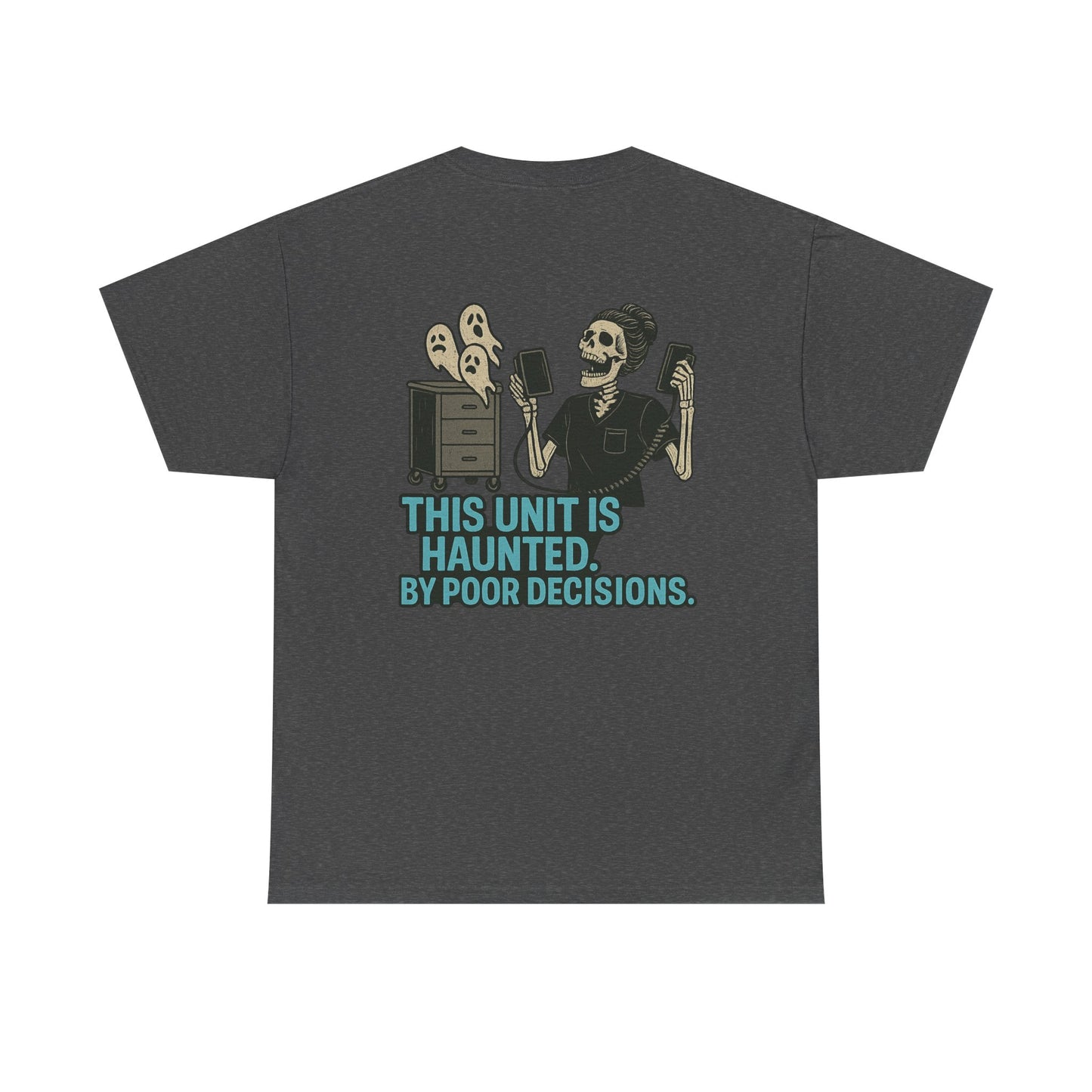 Haunted Poor Decisions Tee – Fun Unisex Heavy Cotton T-Shirt, Halloween Gift, Graphic Tee for Parties, Casual Wear, Spooky Humor