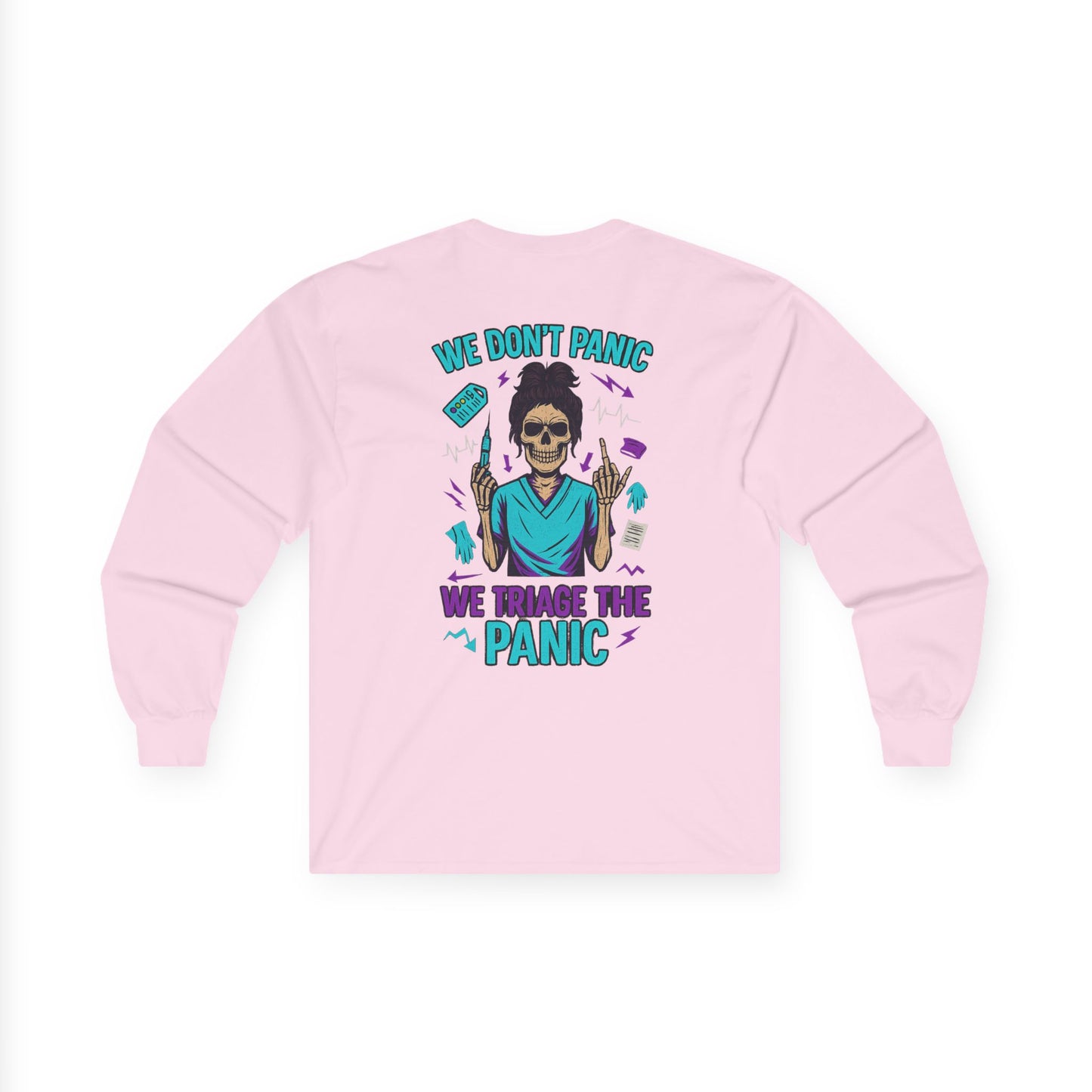 Skull Graphic Long Sleeve Tee - We Don't Panic, Unisex Cotton Top, Casual Wear, Halloween Gift, Trendy Streetwear, Unique Graphic Tee