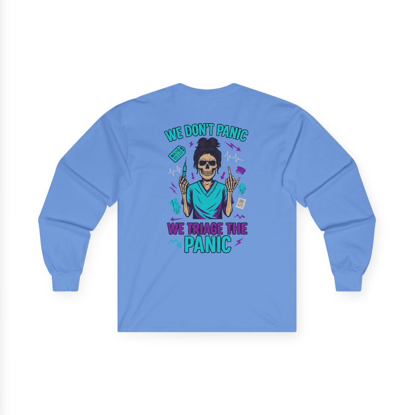 Skull Graphic Long Sleeve Tee - We Don't Panic, Unisex Cotton Top, Casual Wear, Halloween Gift, Trendy Streetwear, Unique Graphic Tee