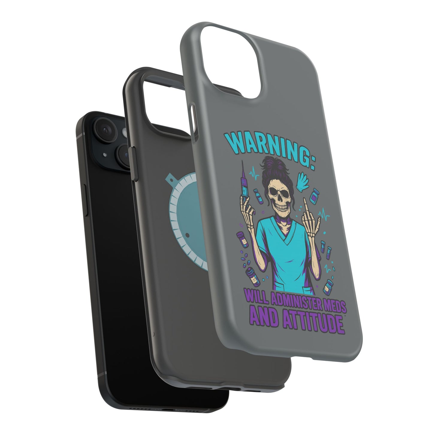 Warning: Meds & Attitude Magnetic Tough Cases | Nurse Gift, Skull Design, Phone Accessory, Healthcare Humor Case, Unique Tech Accessory