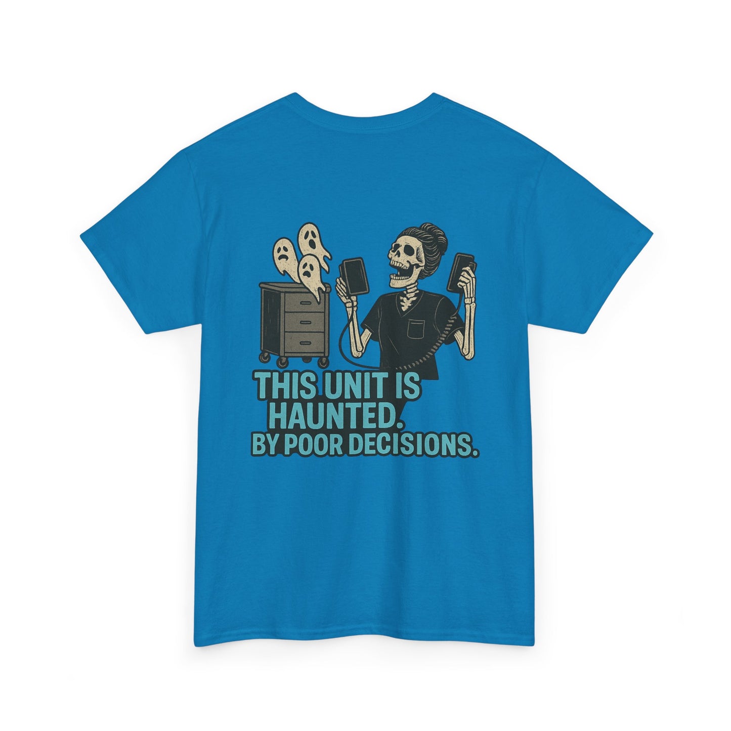 Haunted Poor Decisions Tee – Fun Unisex Heavy Cotton T-Shirt, Halloween Gift, Graphic Tee for Parties, Casual Wear, Spooky Humor