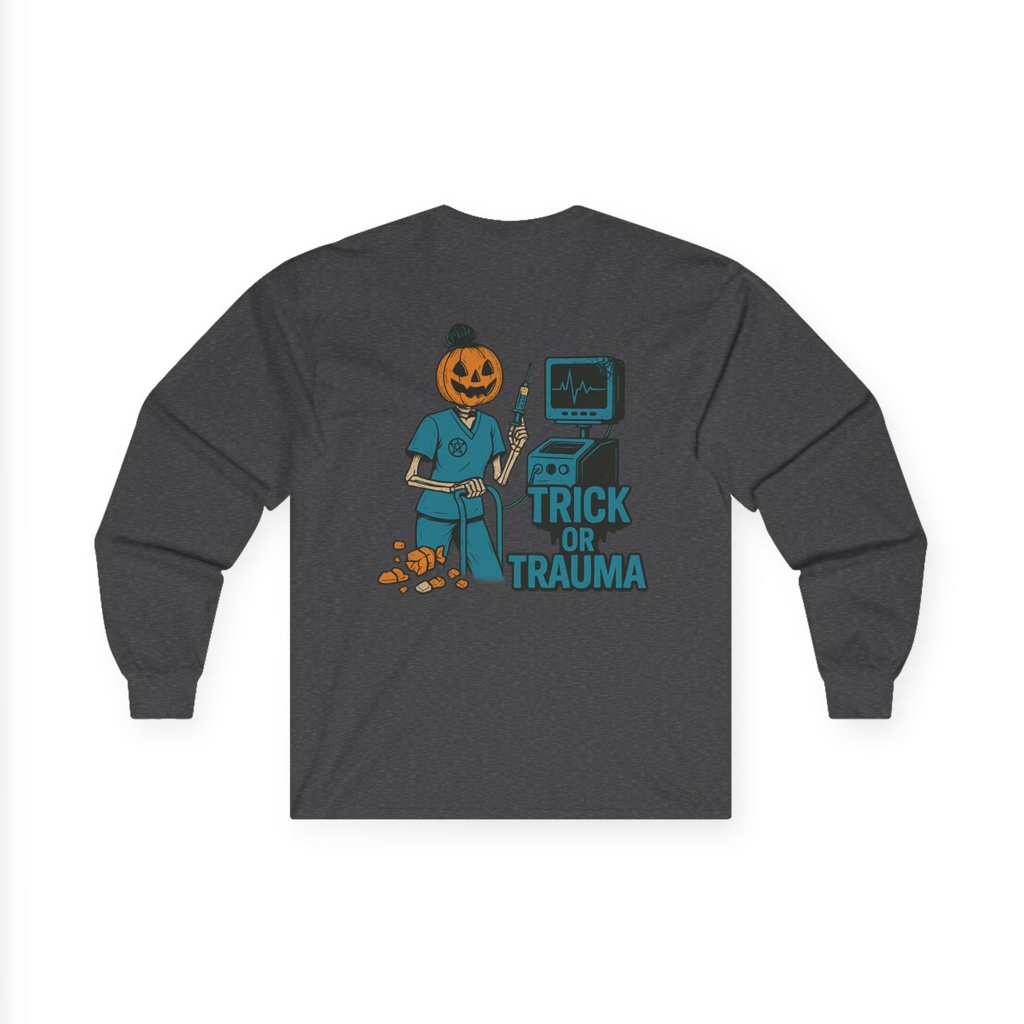 Halloween Trick or Trauma Long Sleeve Tee, Comfortable Unisex Tee, Fall Fashion Tee, Spooky Season Shirt, October Shirt