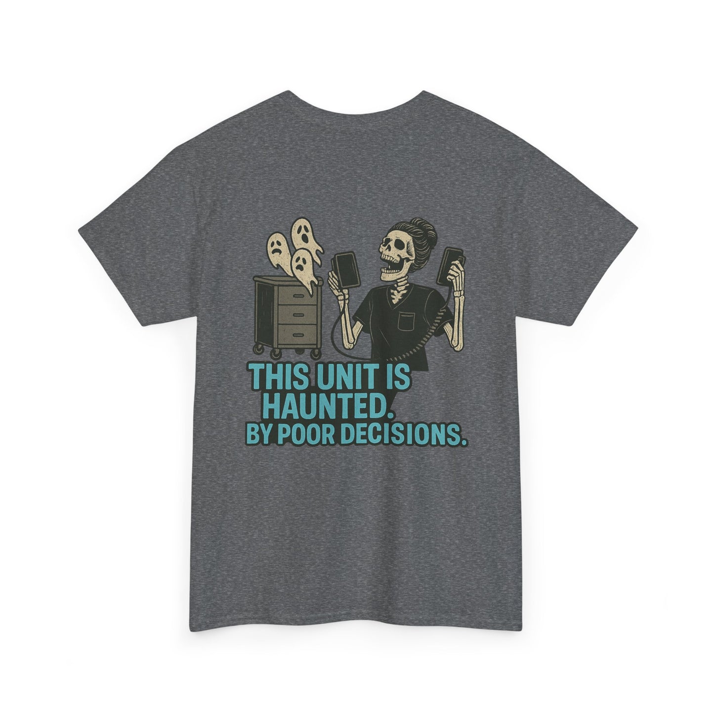 Haunted Poor Decisions Tee – Fun Unisex Heavy Cotton T-Shirt, Halloween Gift, Graphic Tee for Parties, Casual Wear, Spooky Humor