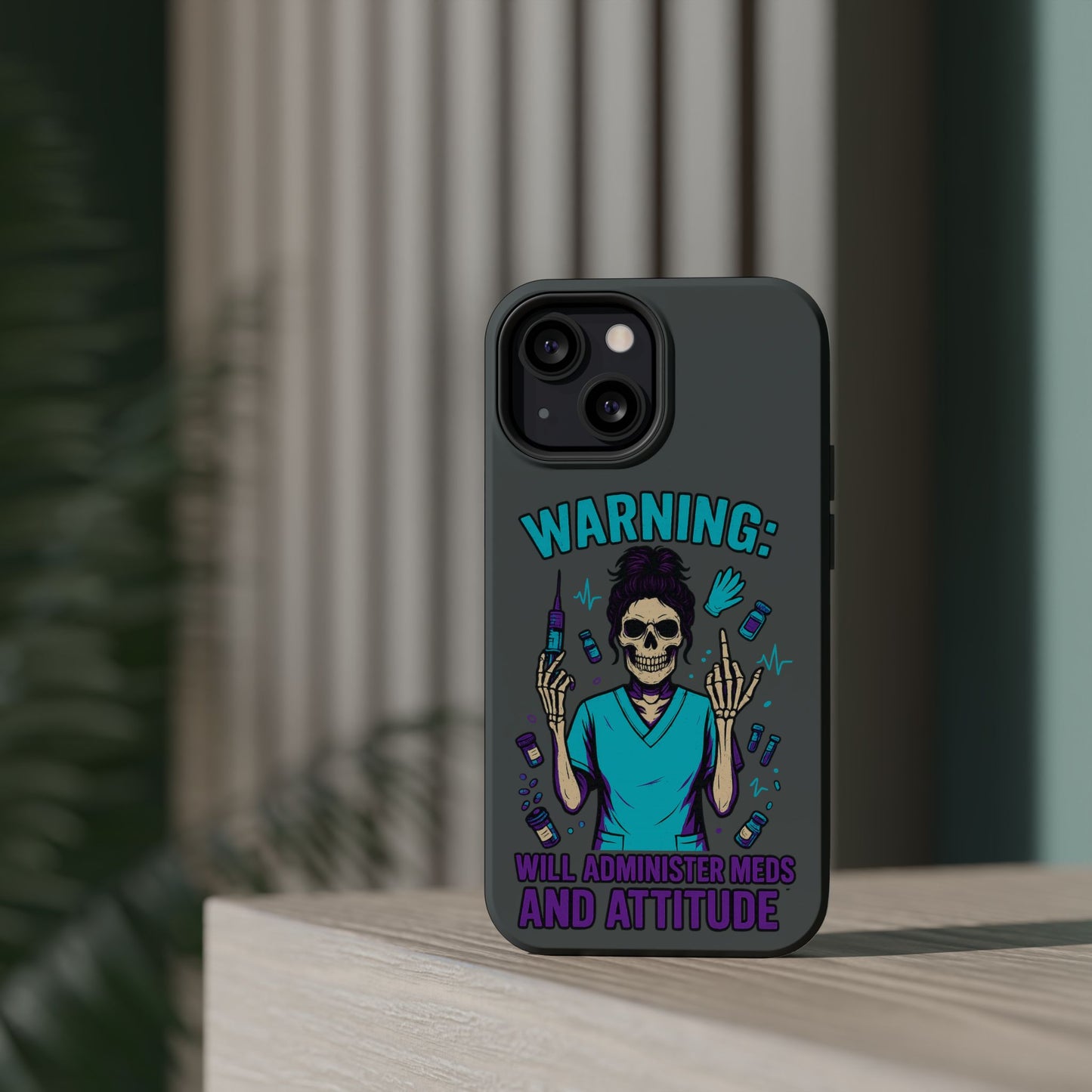 Warning: Meds & Attitude Magnetic Tough Cases | Nurse Gift, Skull Design, Phone Accessory, Healthcare Humor Case, Unique Tech Accessory