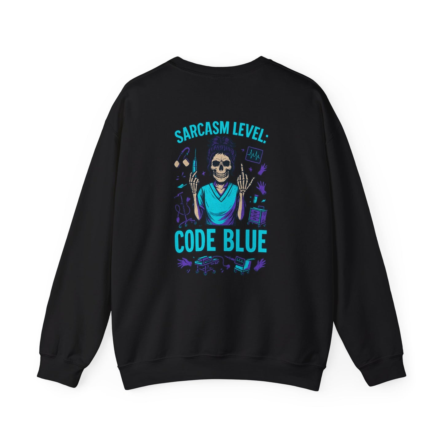 Sarcastic Skeleton Sweatshirt, Unisex Crewneck, Funny Gift, Casual Wear, Halloween Apparel, Sarcasm Level Code Blue