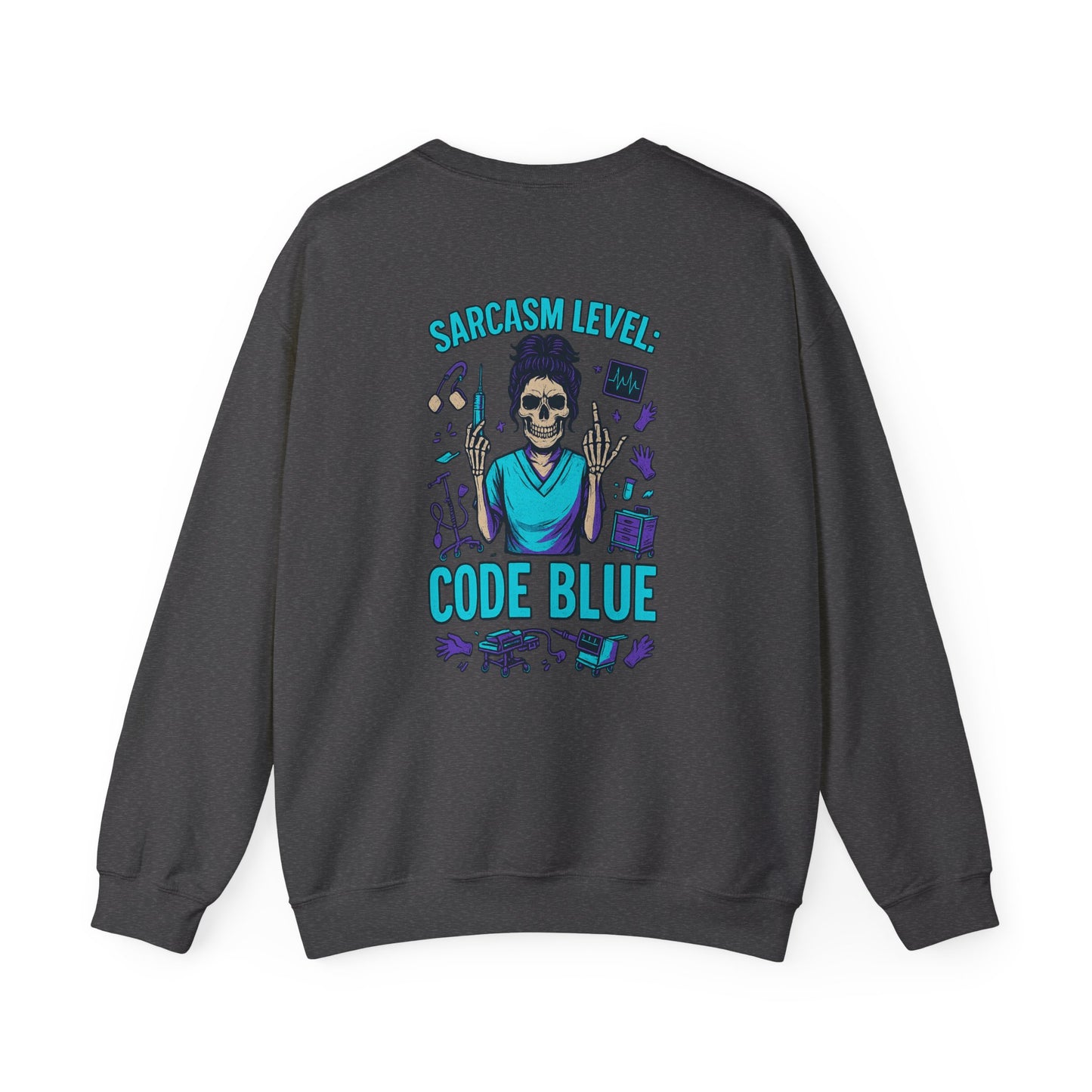 Sarcastic Skeleton Sweatshirt, Unisex Crewneck, Funny Gift, Casual Wear, Halloween Apparel, Sarcasm Level Code Blue