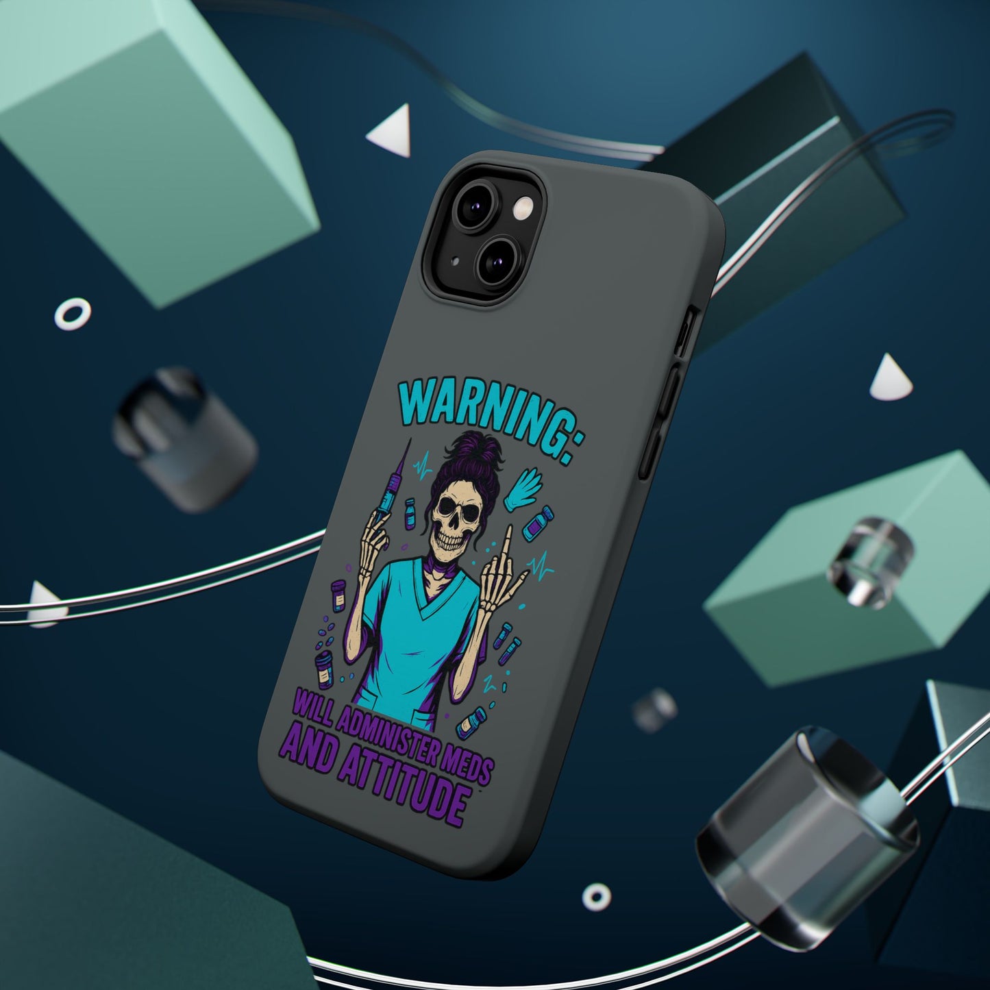 Warning: Meds & Attitude Magnetic Tough Cases | Nurse Gift, Skull Design, Phone Accessory, Healthcare Humor Case, Unique Tech Accessory