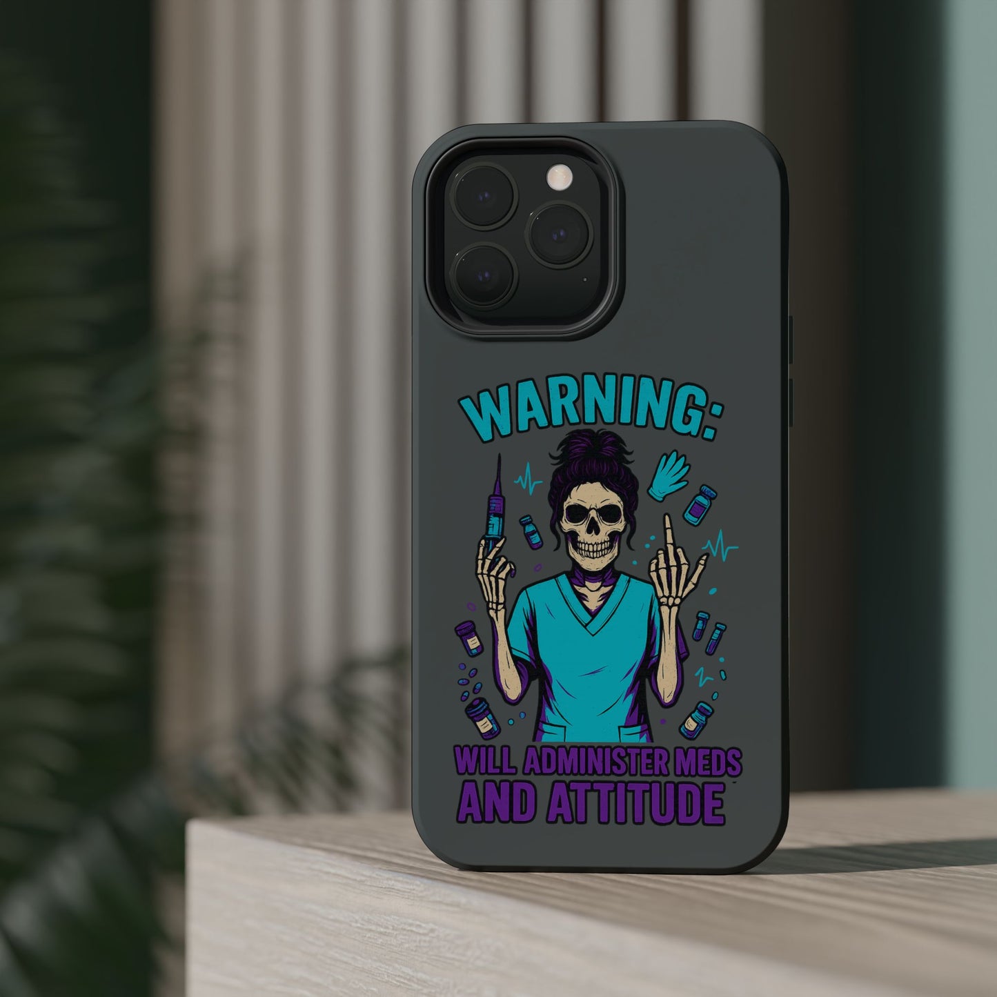 Warning: Meds & Attitude Magnetic Tough Cases | Nurse Gift, Skull Design, Phone Accessory, Healthcare Humor Case, Unique Tech Accessory