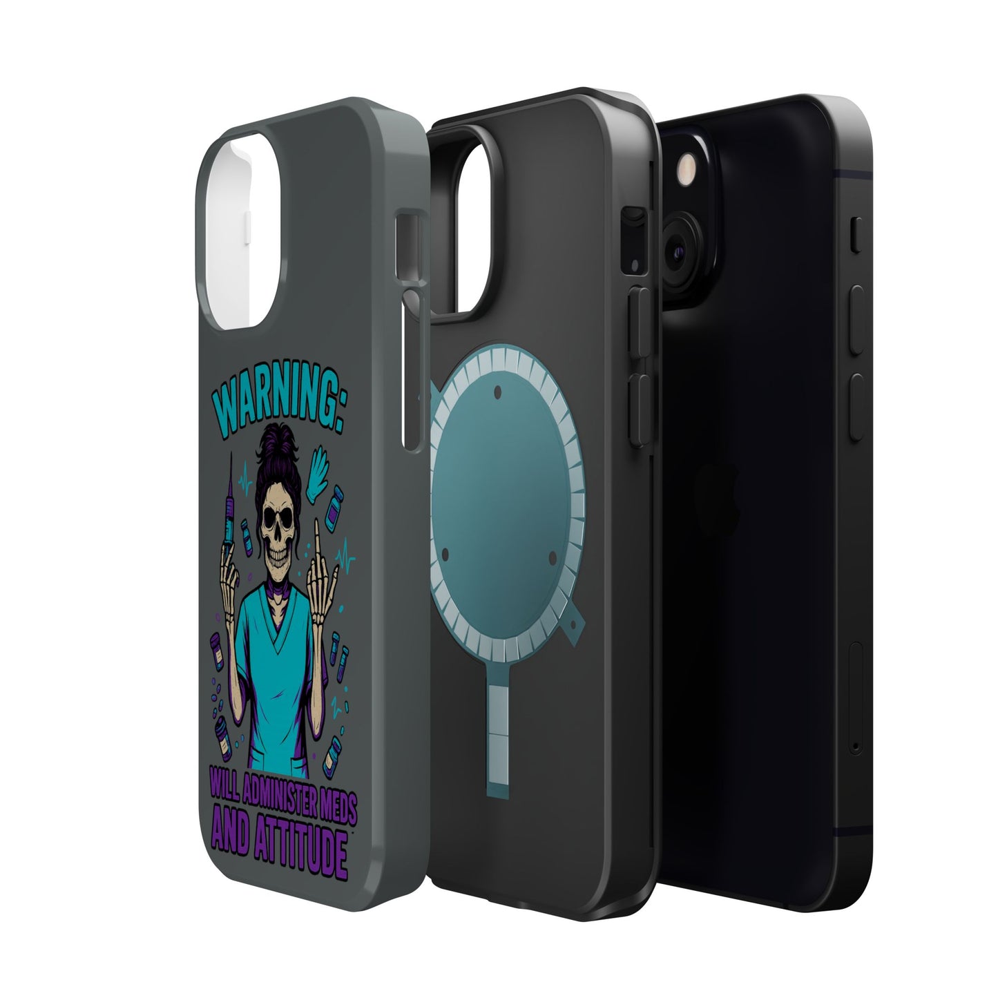 Warning: Meds & Attitude Magnetic Tough Cases | Nurse Gift, Skull Design, Phone Accessory, Healthcare Humor Case, Unique Tech Accessory