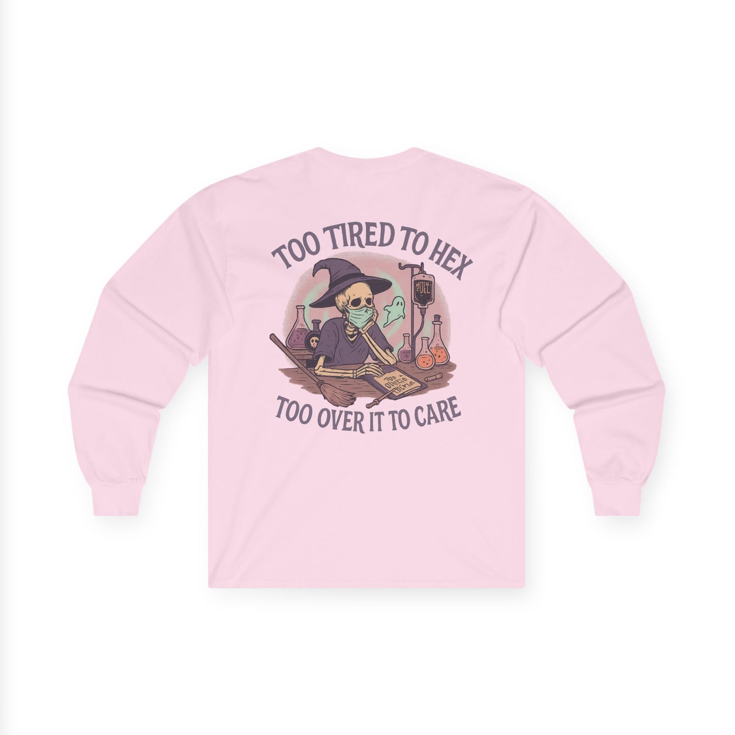 Too Tired to Hex Long Sleeve Tee, Witchy Apparel, Halloween Shirt, Casual Gift, Spooky Season Clothing