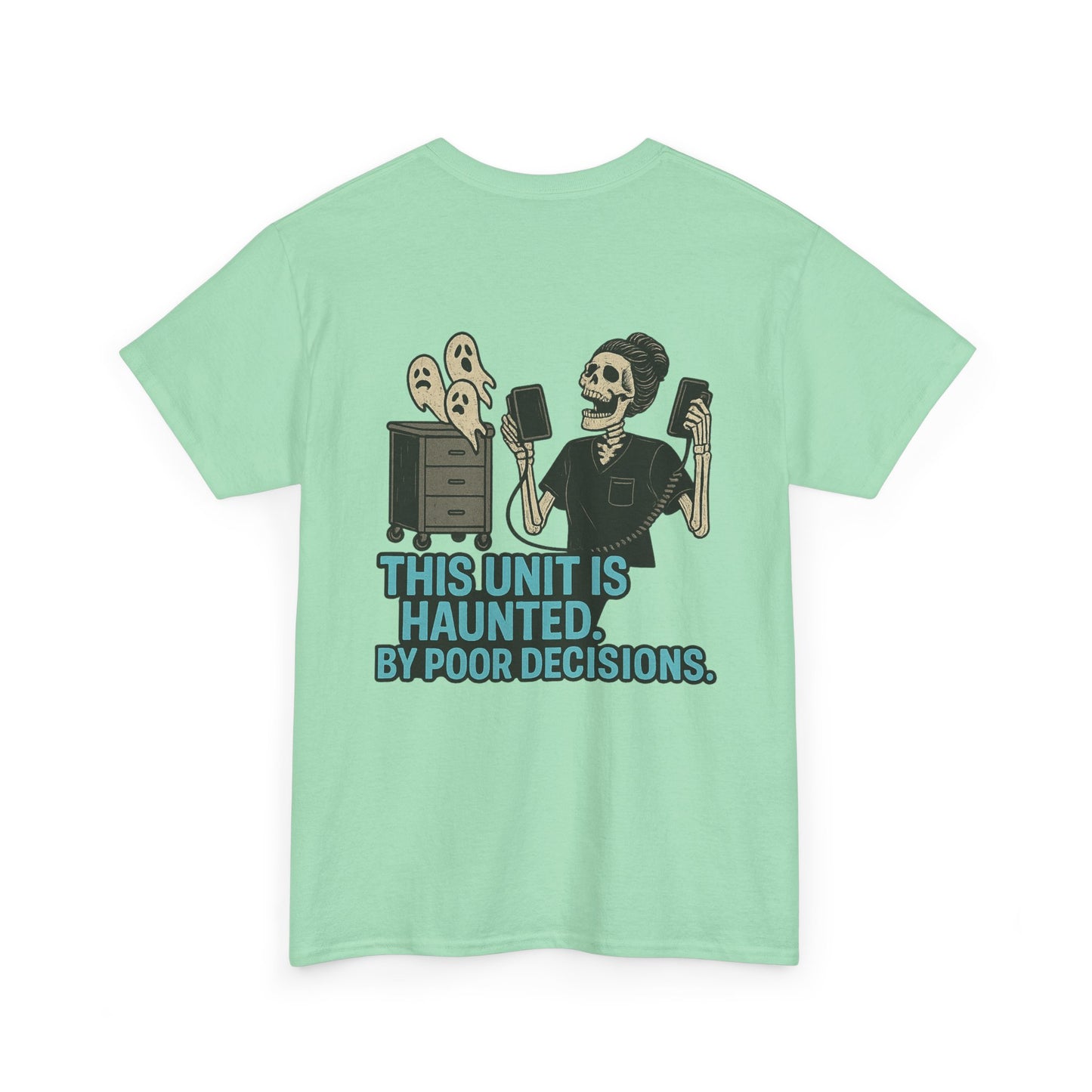 Haunted Poor Decisions Tee – Fun Unisex Heavy Cotton T-Shirt, Halloween Gift, Graphic Tee for Parties, Casual Wear, Spooky Humor