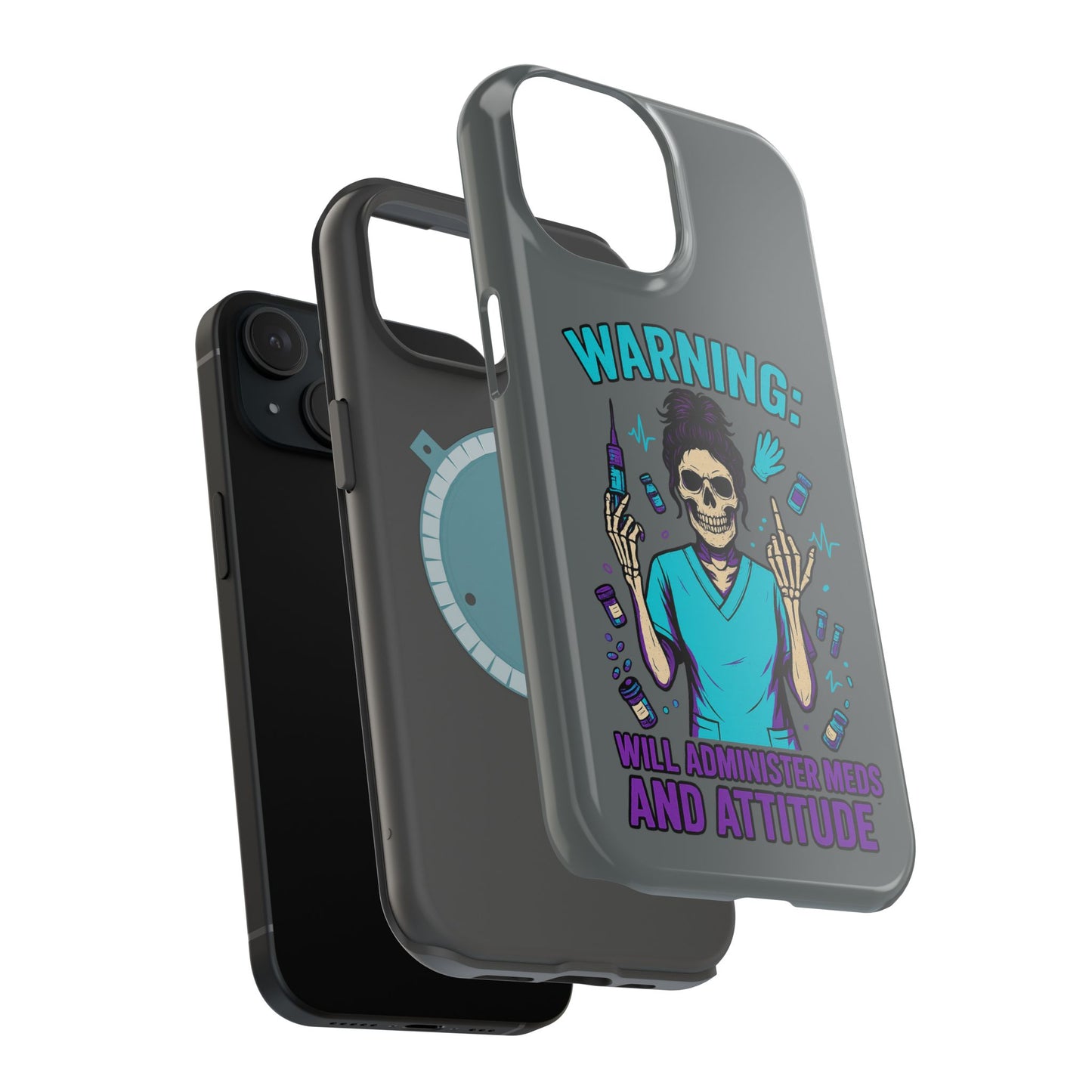 Warning: Meds & Attitude Magnetic Tough Cases | Nurse Gift, Skull Design, Phone Accessory, Healthcare Humor Case, Unique Tech Accessory