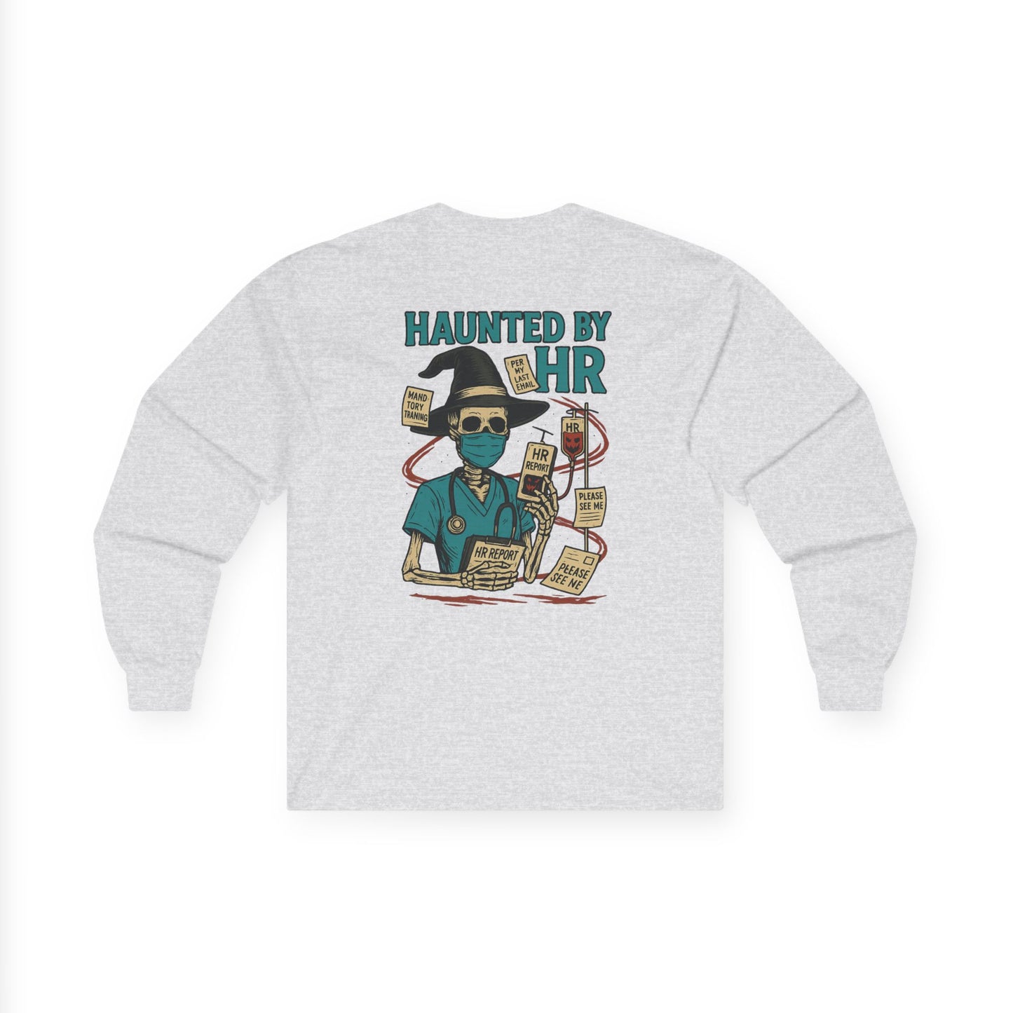 Haunted by HR Long Sleeve Tee, Unisex Cotton Shirt, Funny Office Humor Gift, Halloween Apparel, Work from Home Wear, Employee Appreciation