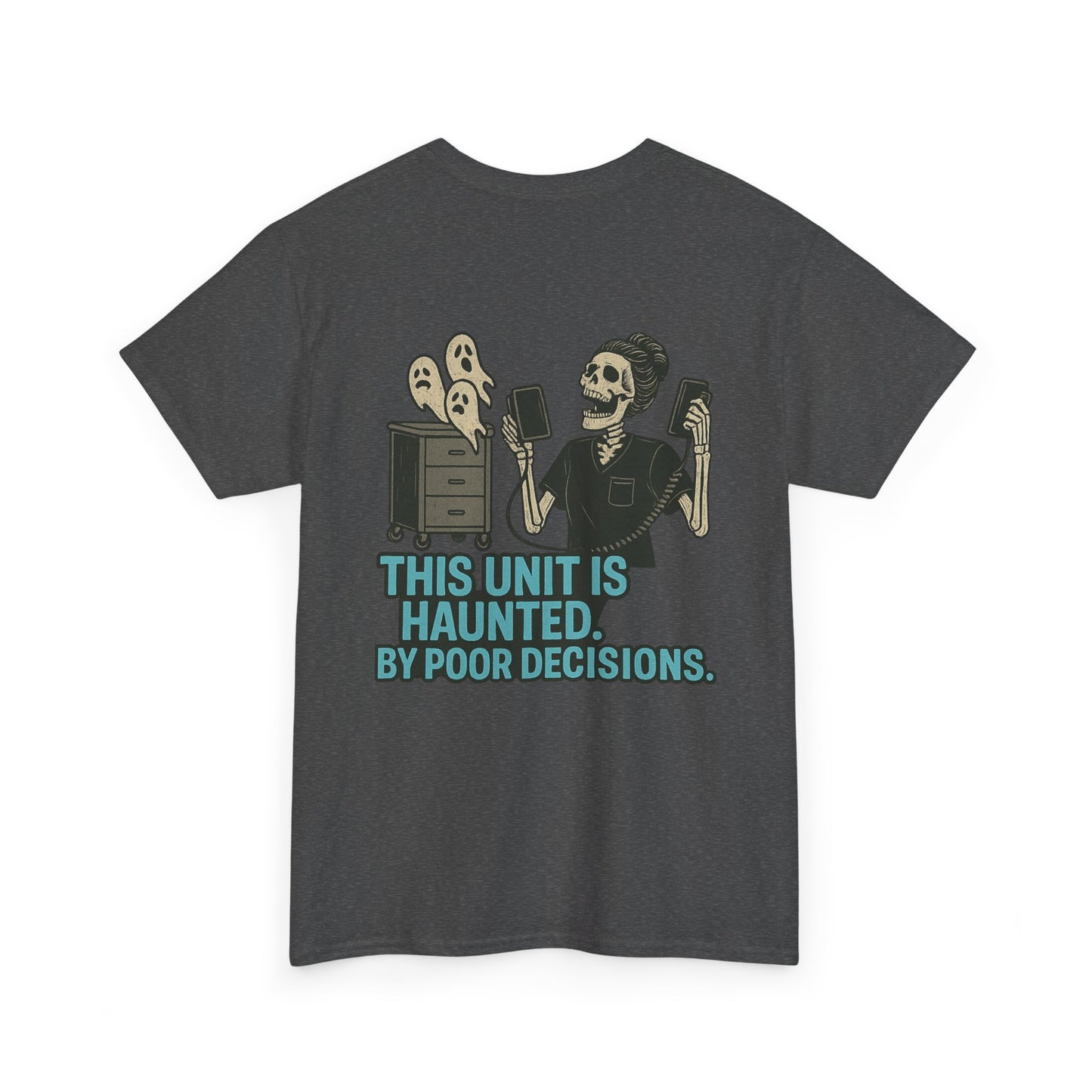 Haunted Poor Decisions Tee – Fun Unisex Heavy Cotton T-Shirt, Halloween Gift, Graphic Tee for Parties, Casual Wear, Spooky Humor