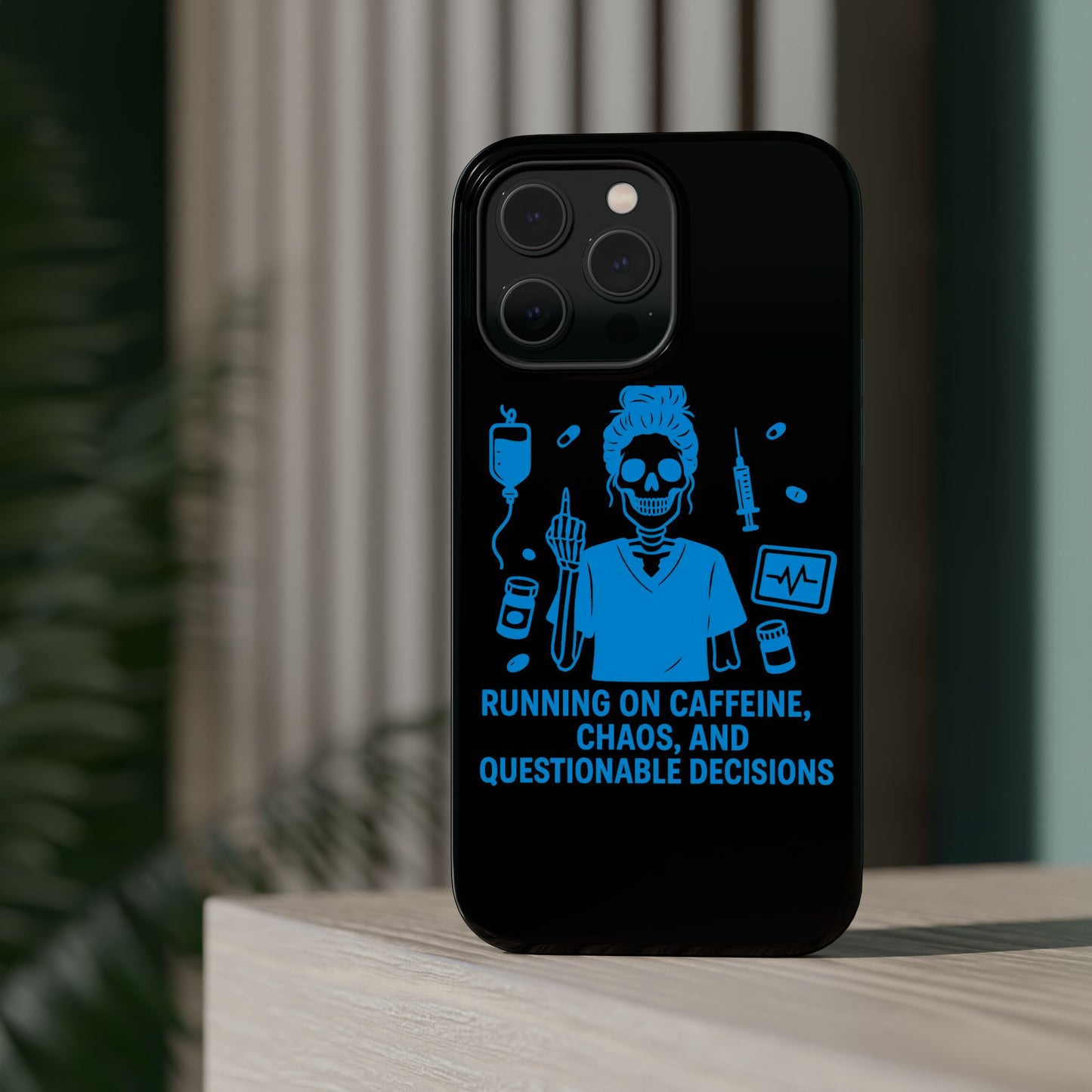 Running on Caffeine, Chaos, and Questionable Decisions” – Nurse Life Phone Case