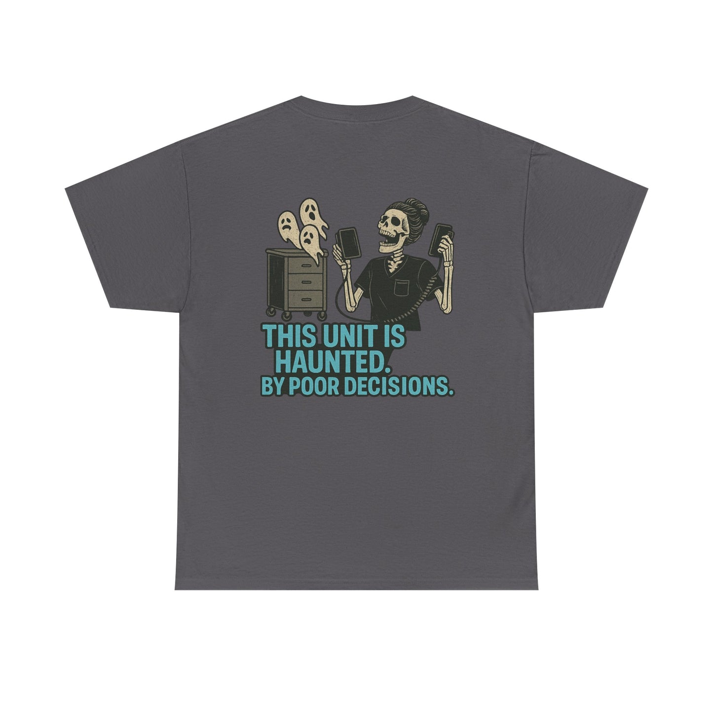 Haunted Poor Decisions Tee – Fun Unisex Heavy Cotton T-Shirt, Halloween Gift, Graphic Tee for Parties, Casual Wear, Spooky Humor