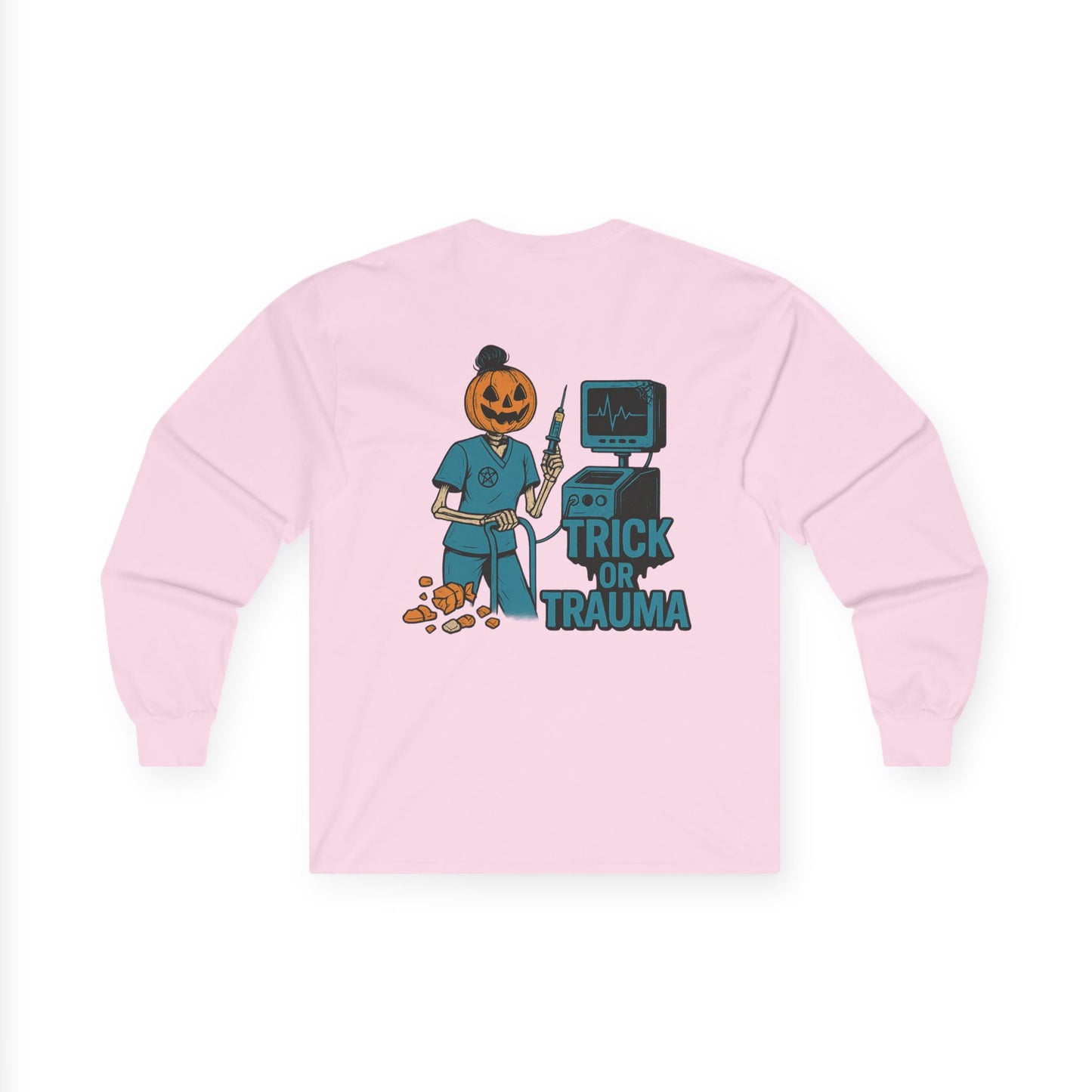 Halloween Trick or Trauma Long Sleeve Tee, Comfortable Unisex Tee, Fall Fashion Tee, Spooky Season Shirt, October Shirt