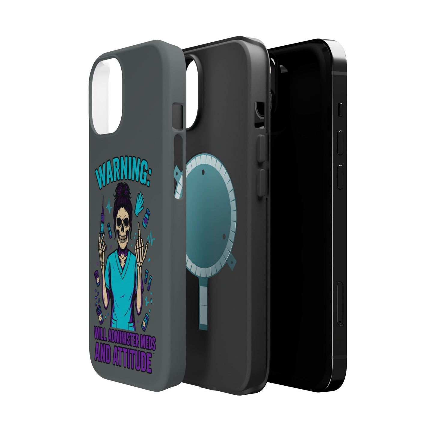 Warning: Meds & Attitude Magnetic Tough Cases | Nurse Gift, Skull Design, Phone Accessory, Healthcare Humor Case, Unique Tech Accessory