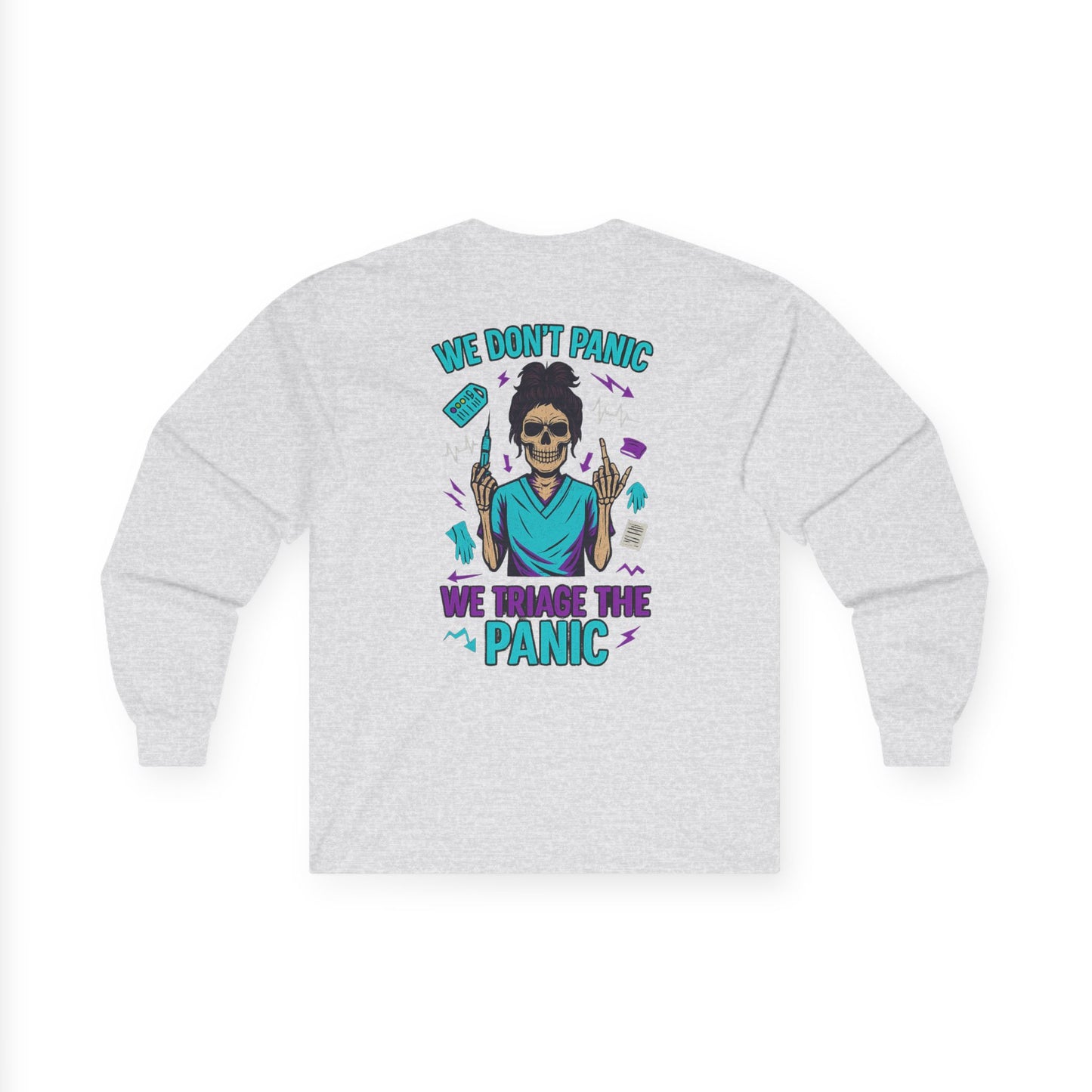 Skull Graphic Long Sleeve Tee - We Don't Panic, Unisex Cotton Top, Casual Wear, Halloween Gift, Trendy Streetwear, Unique Graphic Tee