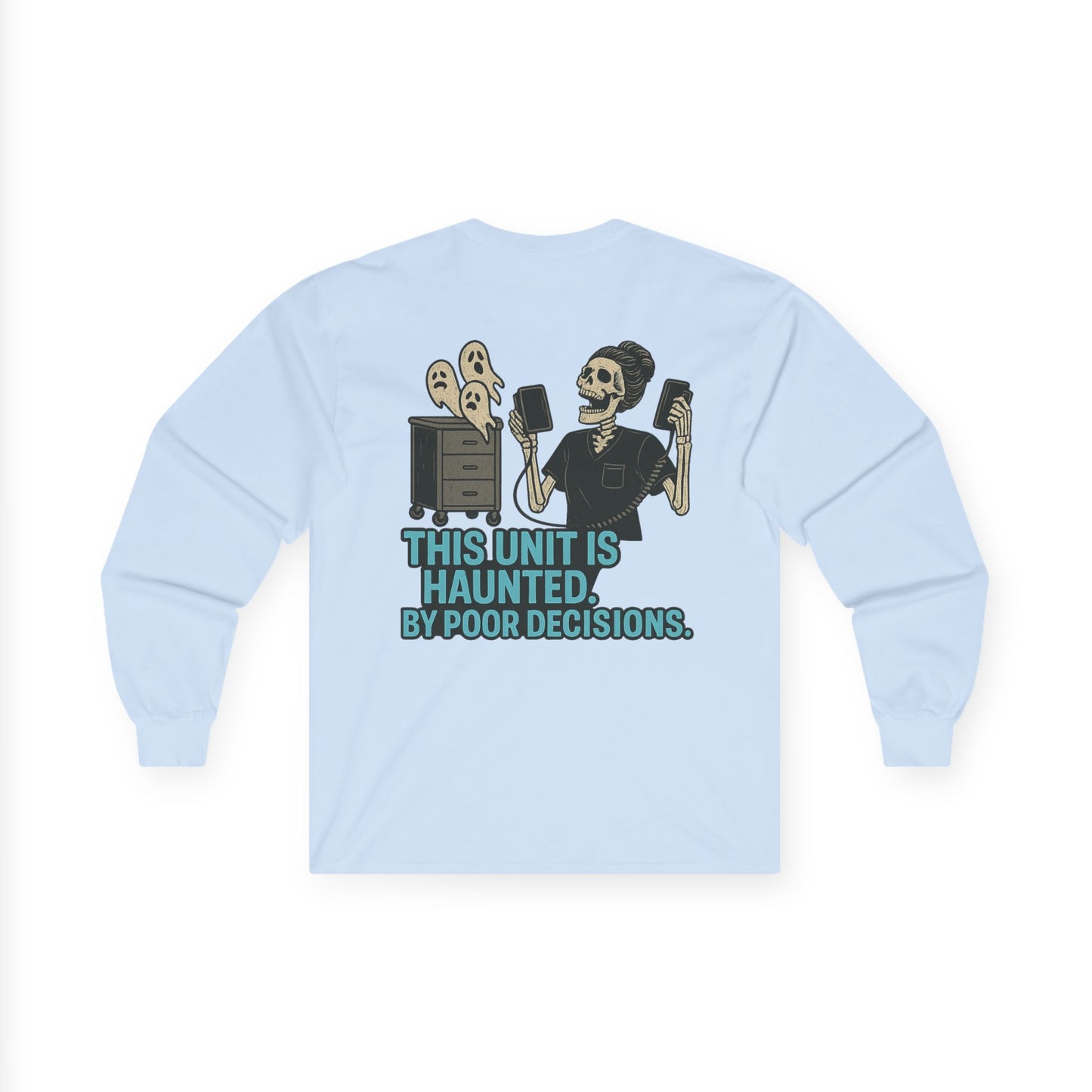 Haunted Decisions Long Sleeve Tee, Unisex Halloween Tee, Funny Long Sleeve Shirt, Gift for Ghost Lovers, Spooky Season Wear