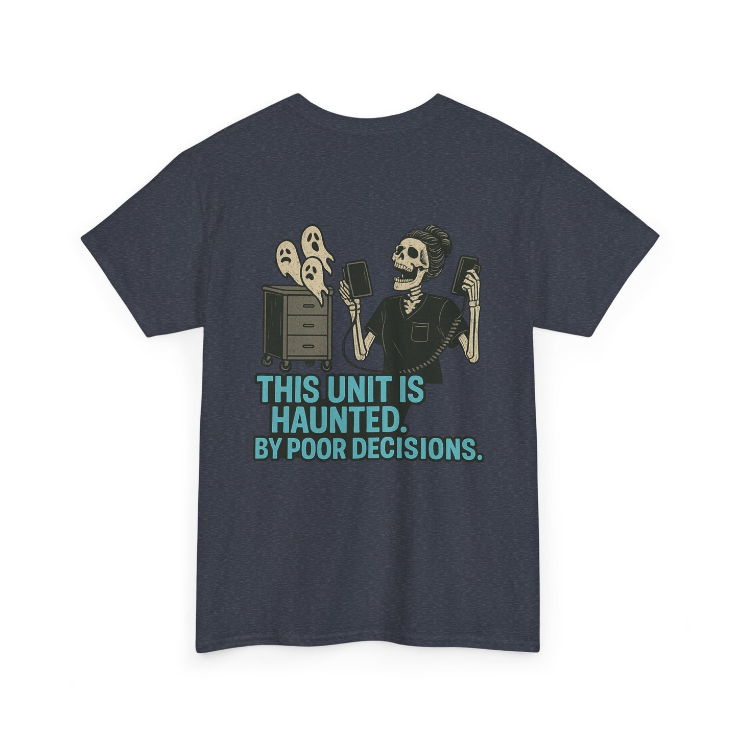 Haunted Poor Decisions Tee – Fun Unisex Heavy Cotton T-Shirt, Halloween Gift, Graphic Tee for Parties, Casual Wear, Spooky Humor