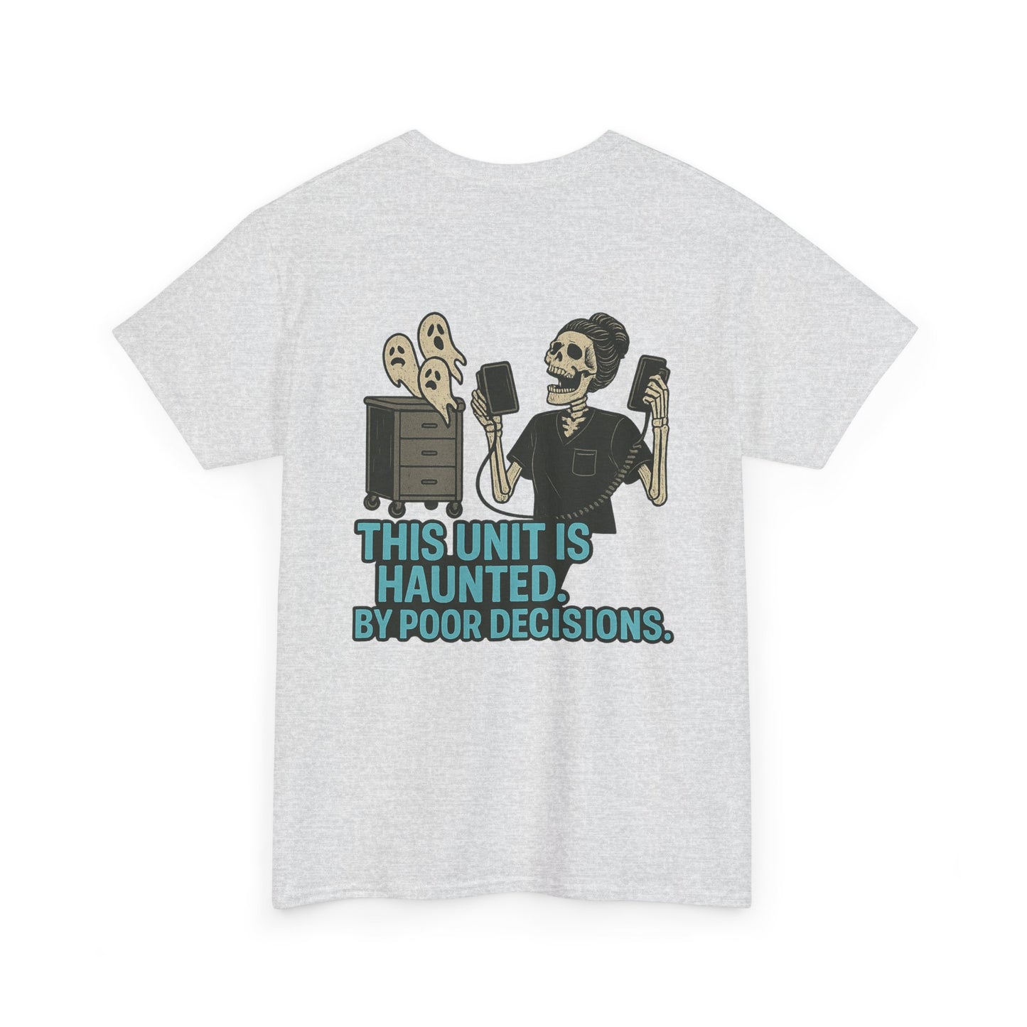 Haunted Poor Decisions Tee – Fun Unisex Heavy Cotton T-Shirt, Halloween Gift, Graphic Tee for Parties, Casual Wear, Spooky Humor