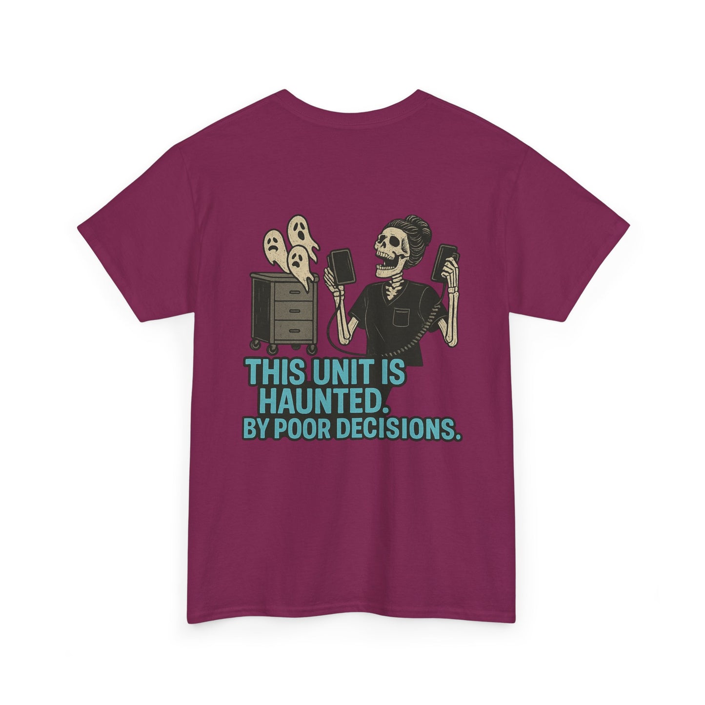 Haunted Poor Decisions Tee – Fun Unisex Heavy Cotton T-Shirt, Halloween Gift, Graphic Tee for Parties, Casual Wear, Spooky Humor