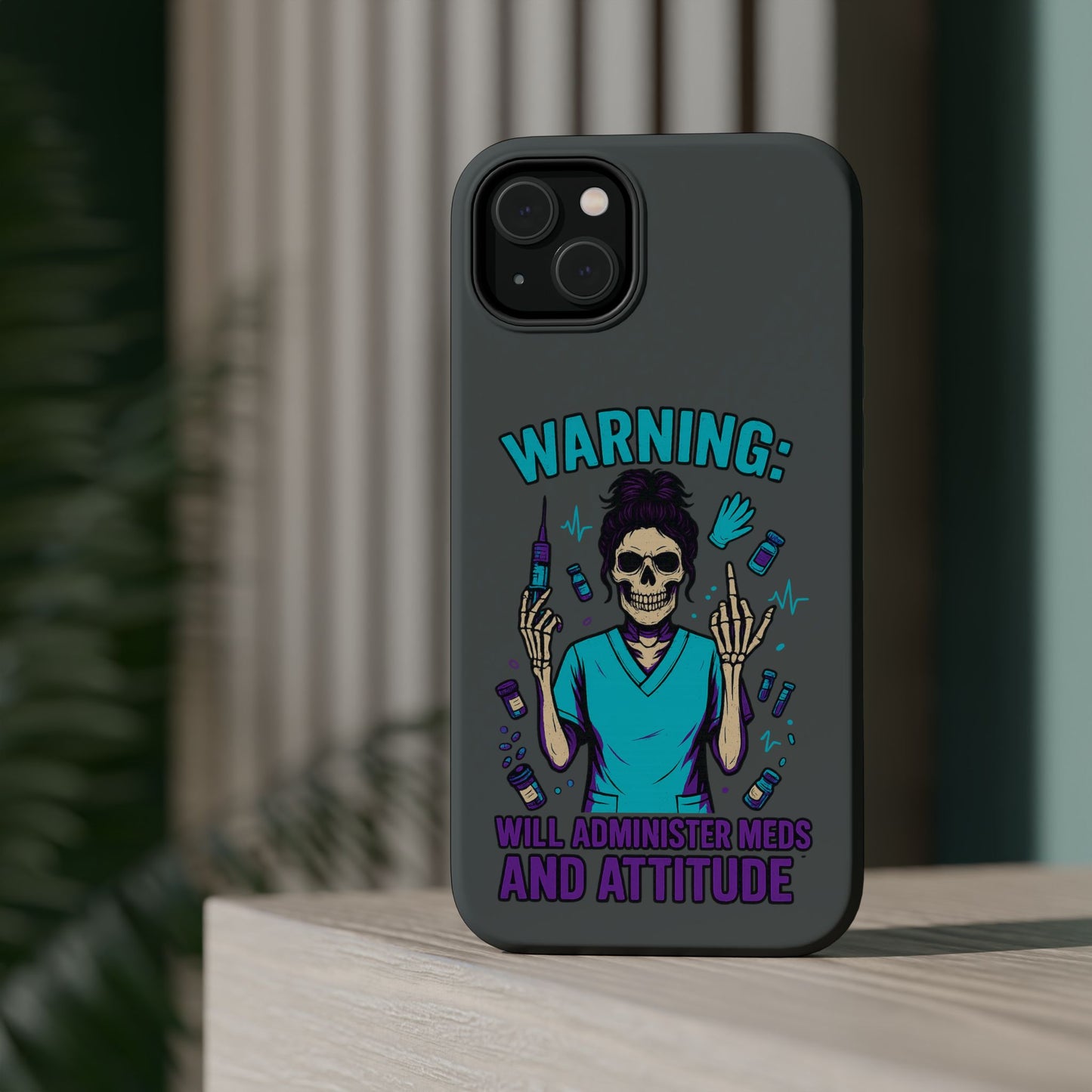 Warning: Meds & Attitude Magnetic Tough Cases | Nurse Gift, Skull Design, Phone Accessory, Healthcare Humor Case, Unique Tech Accessory