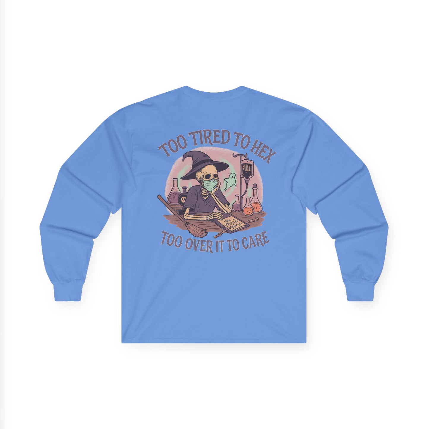 Too Tired to Hex Long Sleeve Tee, Witchy Apparel, Halloween Shirt, Casual Gift, Spooky Season Clothing