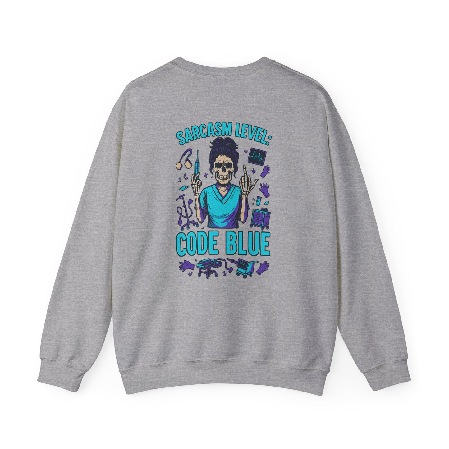Sarcastic Skeleton Sweatshirt, Unisex Crewneck, Funny Gift, Casual Wear, Halloween Apparel, Sarcasm Level Code Blue