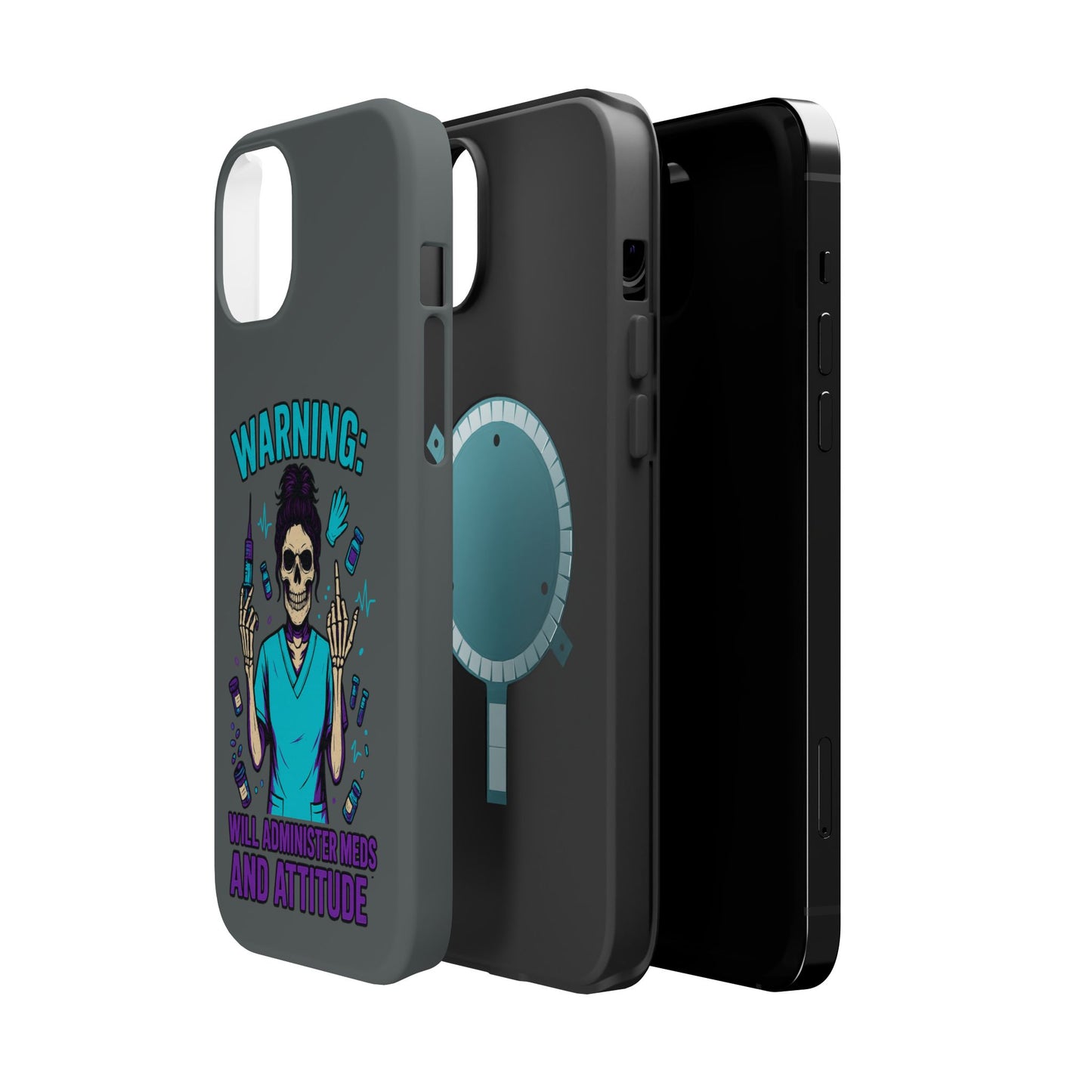 Warning: Meds & Attitude Magnetic Tough Cases | Nurse Gift, Skull Design, Phone Accessory, Healthcare Humor Case, Unique Tech Accessory