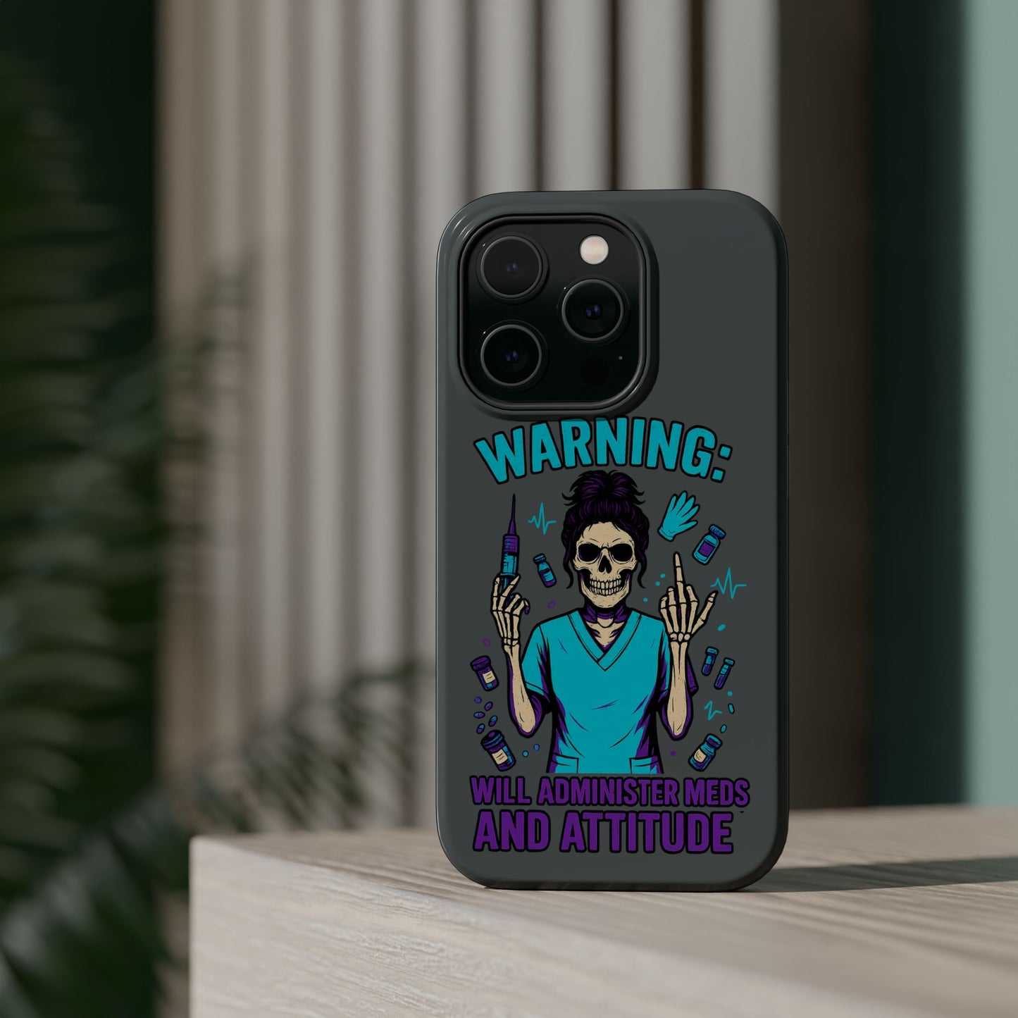 Warning: Meds & Attitude Magnetic Tough Cases | Nurse Gift, Skull Design, Phone Accessory, Healthcare Humor Case, Unique Tech Accessory