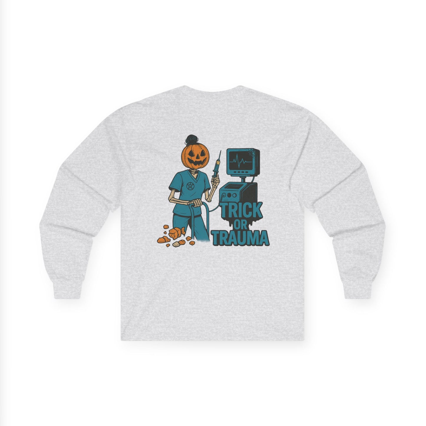 Halloween Trick or Trauma Long Sleeve Tee, Comfortable Unisex Tee, Fall Fashion Tee, Spooky Season Shirt, October Shirt