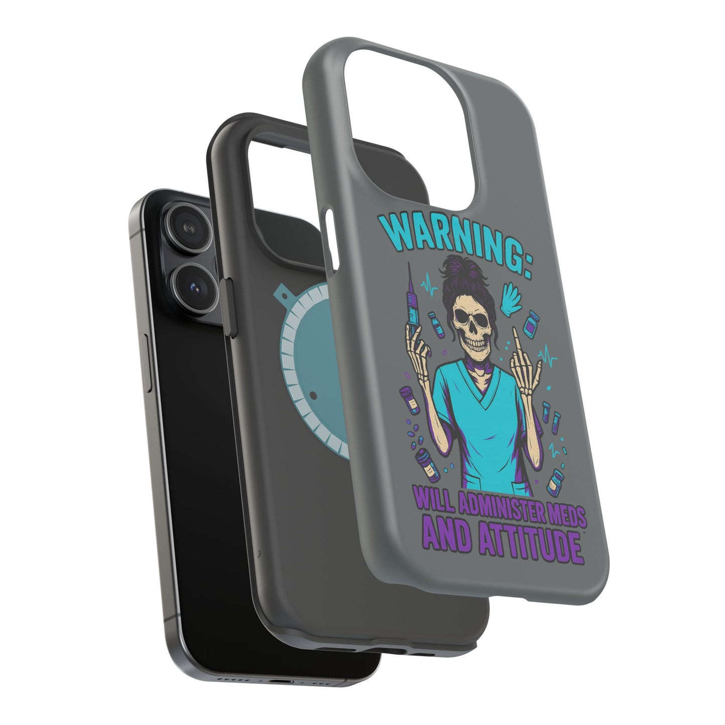 Warning: Meds & Attitude Magnetic Tough Cases | Nurse Gift, Skull Design, Phone Accessory, Healthcare Humor Case, Unique Tech Accessory