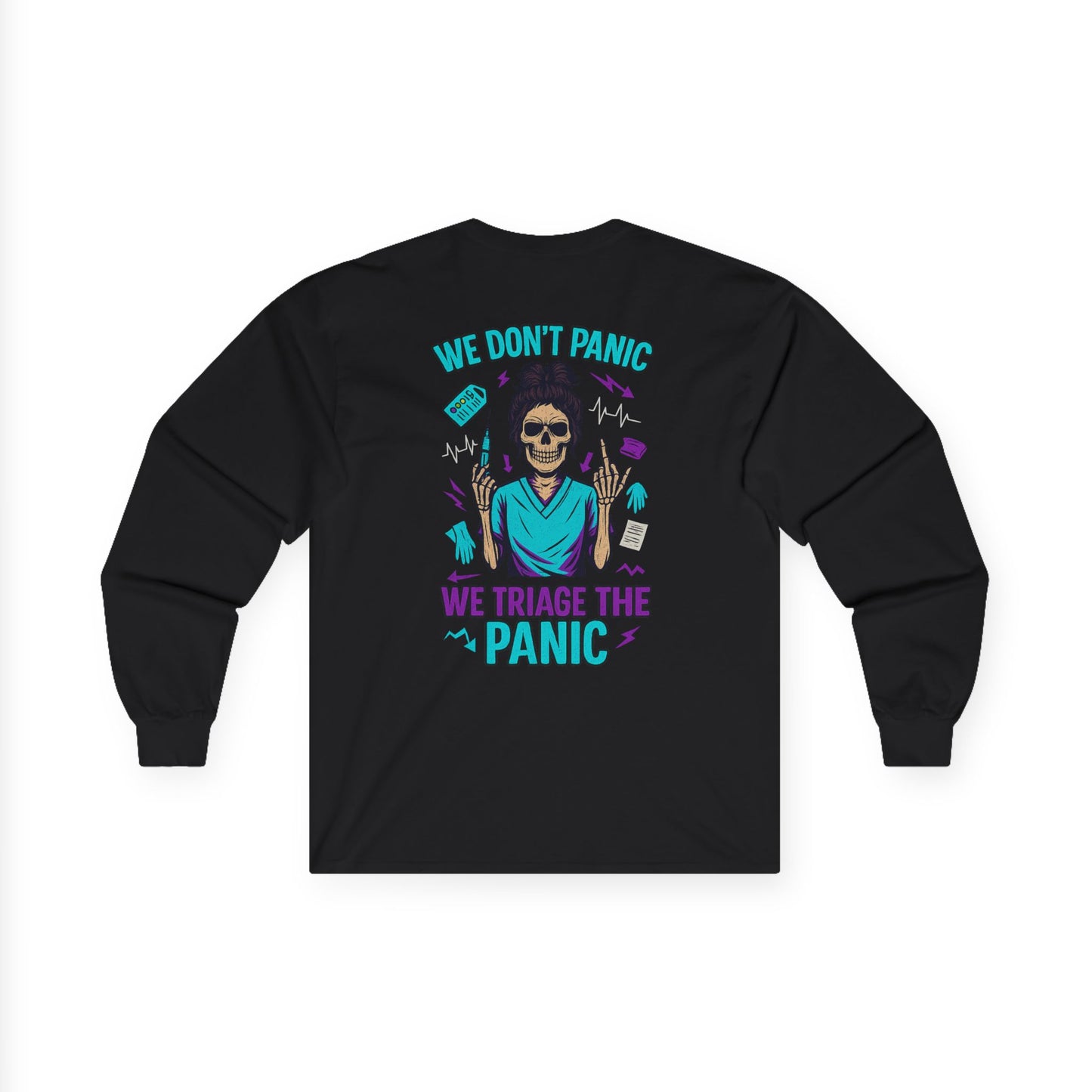 Skull Graphic Long Sleeve Tee - We Don't Panic, Unisex Cotton Top, Casual Wear, Halloween Gift, Trendy Streetwear, Unique Graphic Tee