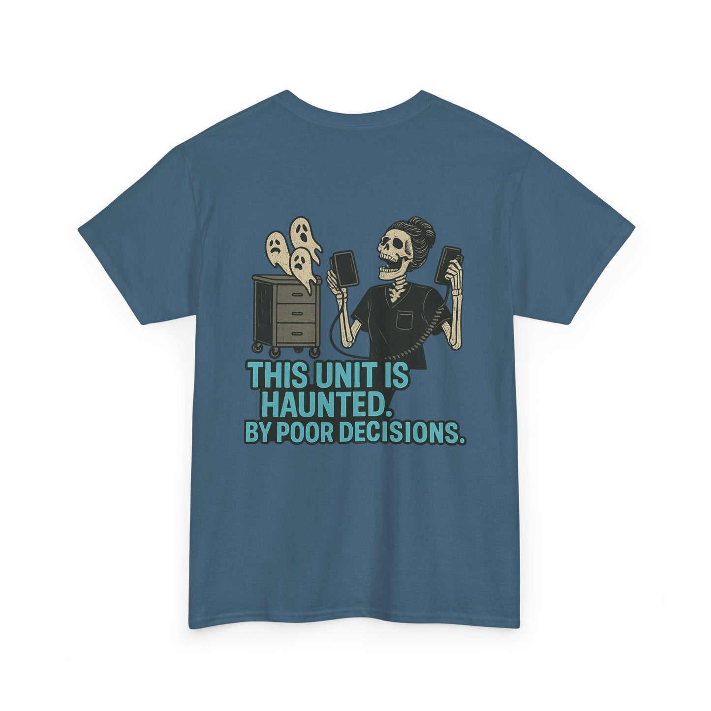 Haunted Poor Decisions Tee – Fun Unisex Heavy Cotton T-Shirt, Halloween Gift, Graphic Tee for Parties, Casual Wear, Spooky Humor