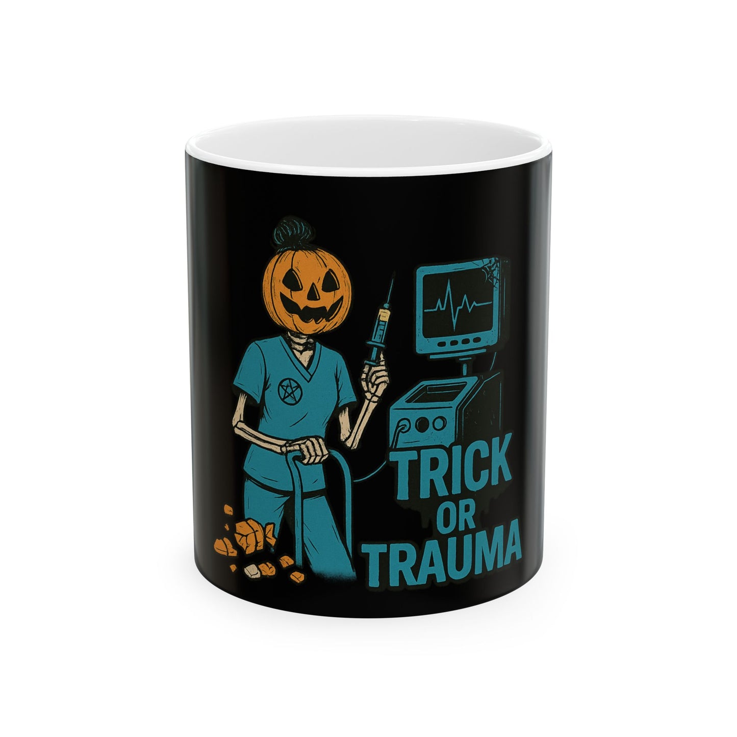Halloween Themed Ceramic Mug, Trick or Trauma Coffee Cup, Unique Gift for Nurses, Spooky Halloween Decor, Fun Healthcare Mug