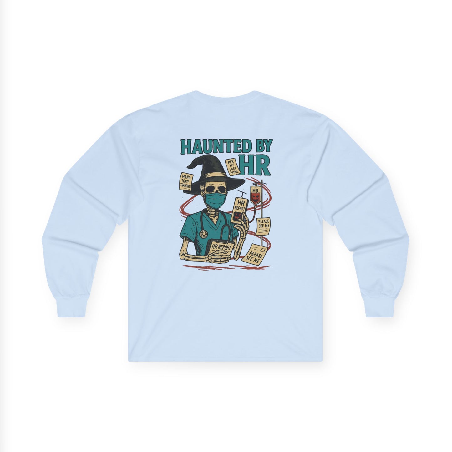 Haunted by HR Long Sleeve Tee, Unisex Cotton Shirt, Funny Office Humor Gift, Halloween Apparel, Work from Home Wear, Employee Appreciation