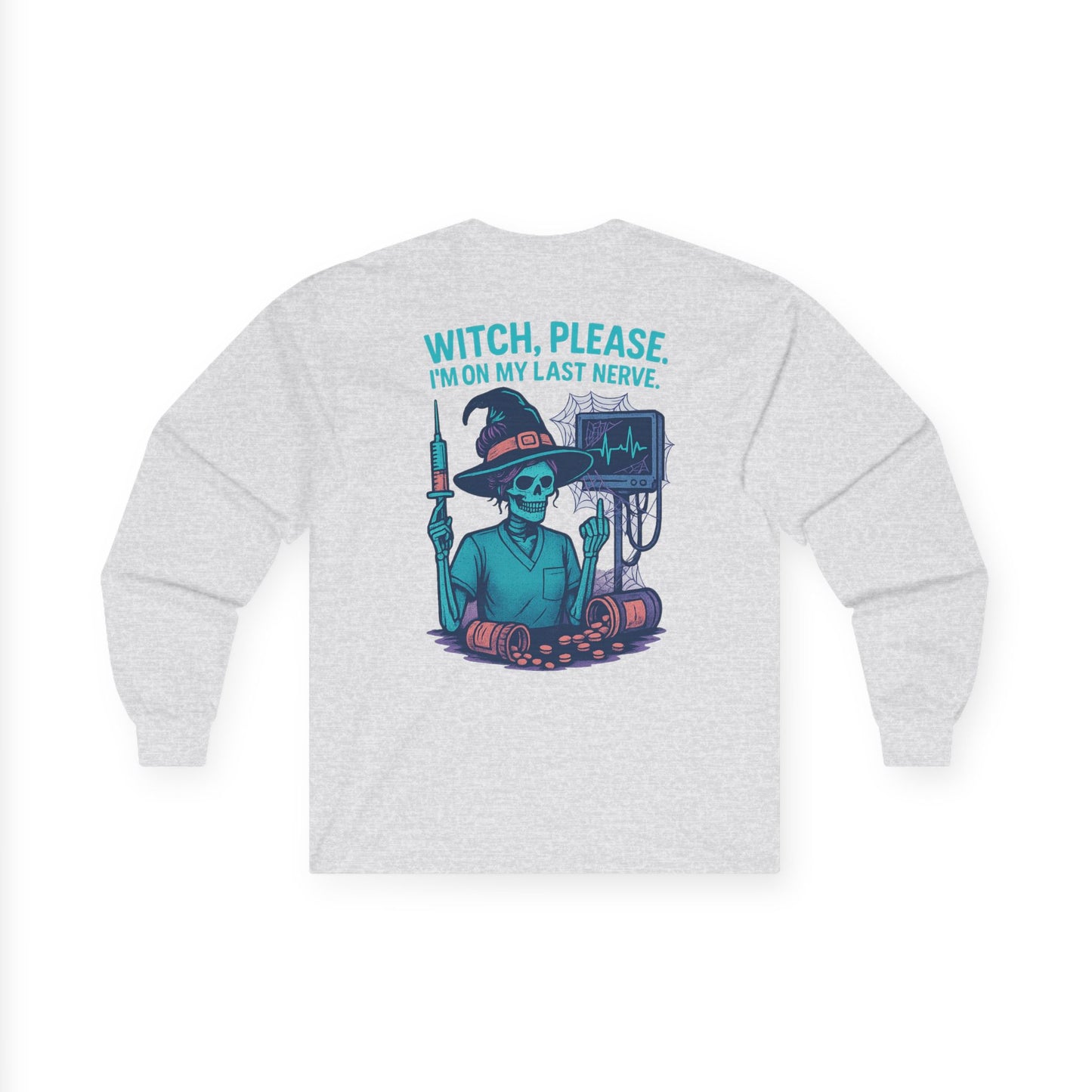Witch-Themed Long Sleeve Tee, Halloween Shirt, Unisex Halloween Apparel, Spooky Graphic Tee, Witch Please Top, Casual Fall Wear