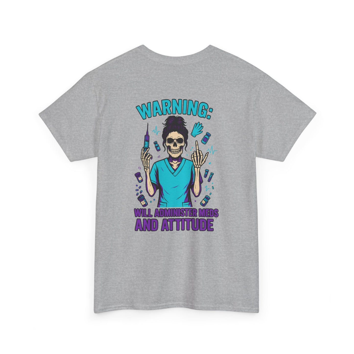 Warning Meds and Attitude Unisex Tee, Skull Graphic Shirt, Funny Nurse T-Shirt, Gift for Healthcare Workers, Halloween Apparel, Casual Wear