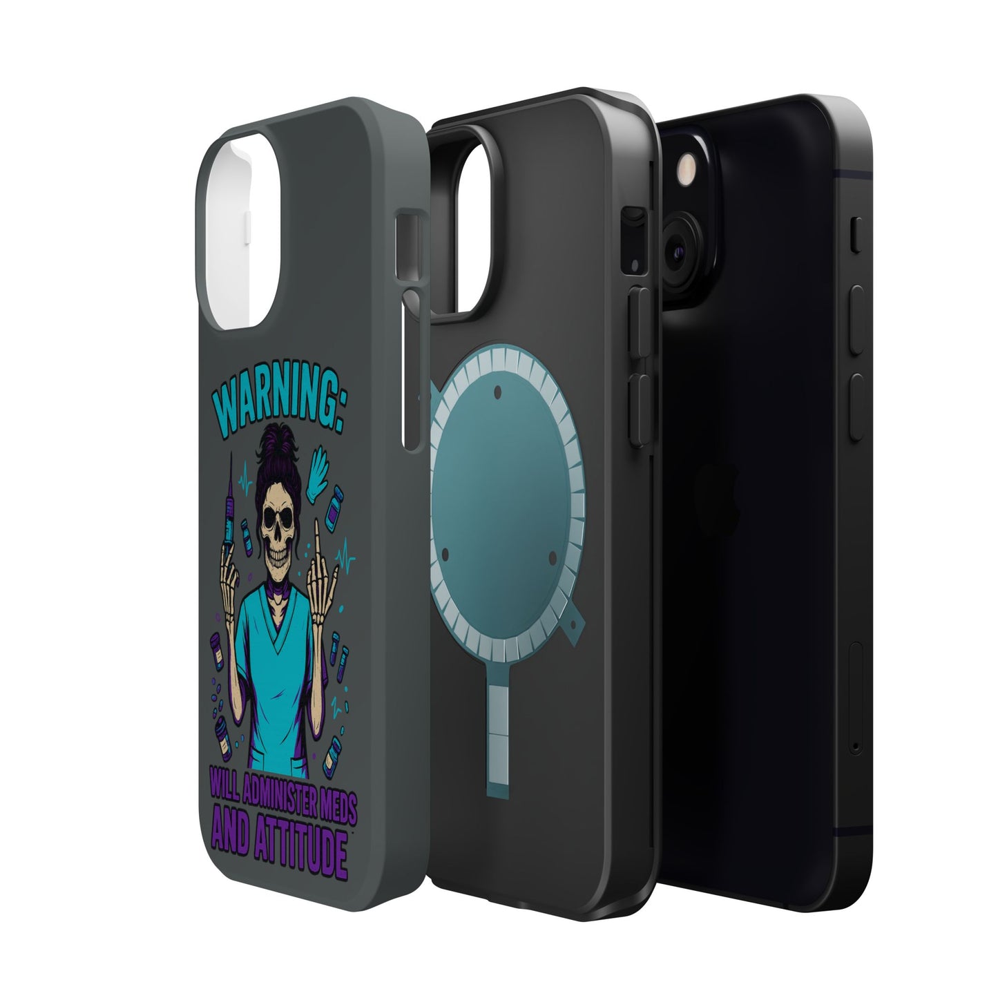 Warning: Meds & Attitude Magnetic Tough Cases | Nurse Gift, Skull Design, Phone Accessory, Healthcare Humor Case, Unique Tech Accessory