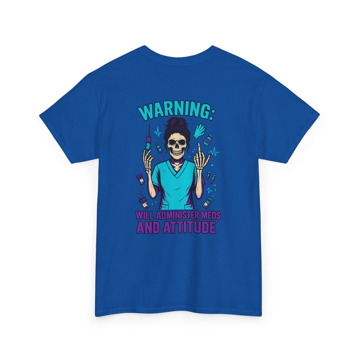 Warning Meds and Attitude Unisex Tee, Skull Graphic Shirt, Funny Nurse T-Shirt, Gift for Healthcare Workers, Halloween Apparel, Casual Wear
