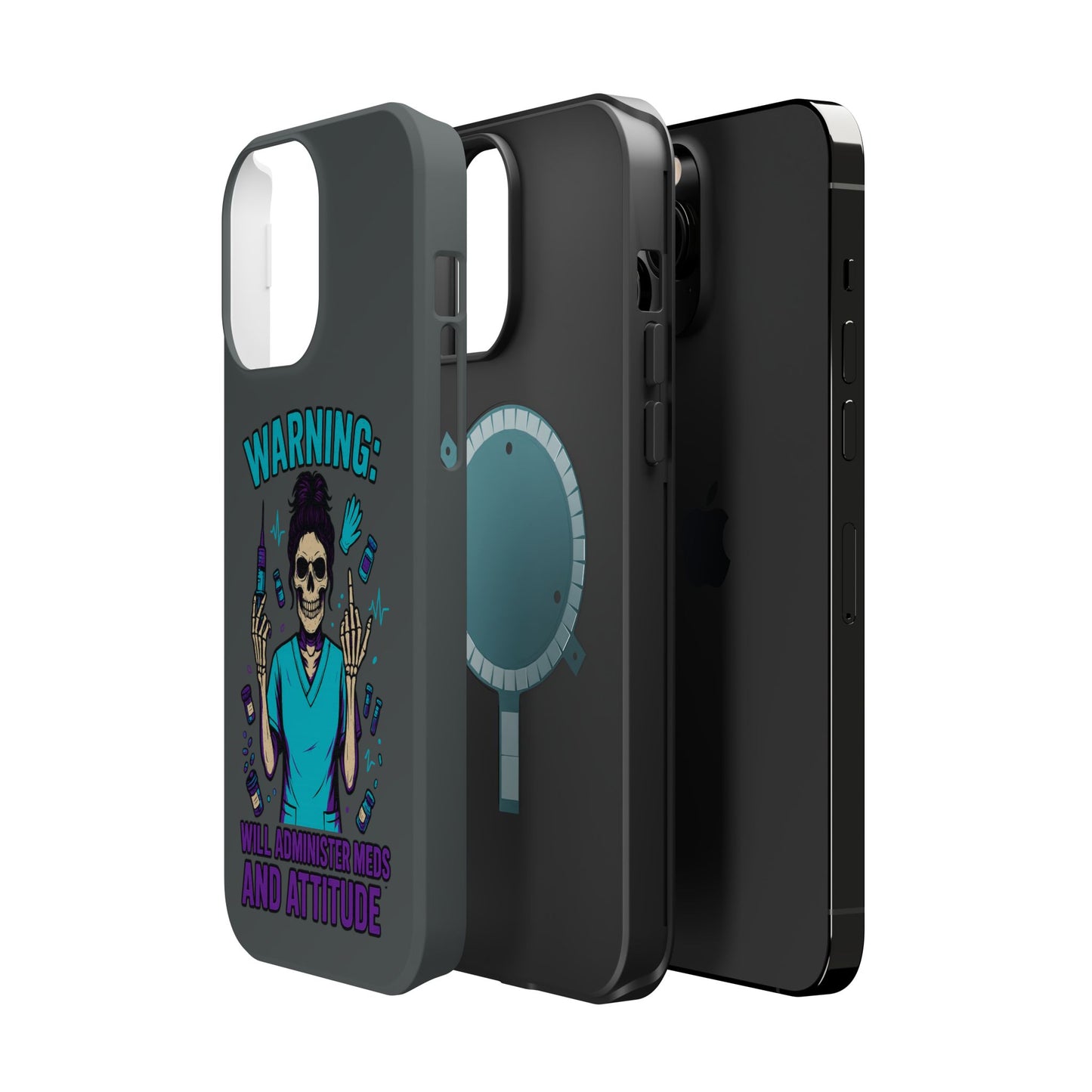 Warning: Meds & Attitude Magnetic Tough Cases | Nurse Gift, Skull Design, Phone Accessory, Healthcare Humor Case, Unique Tech Accessory