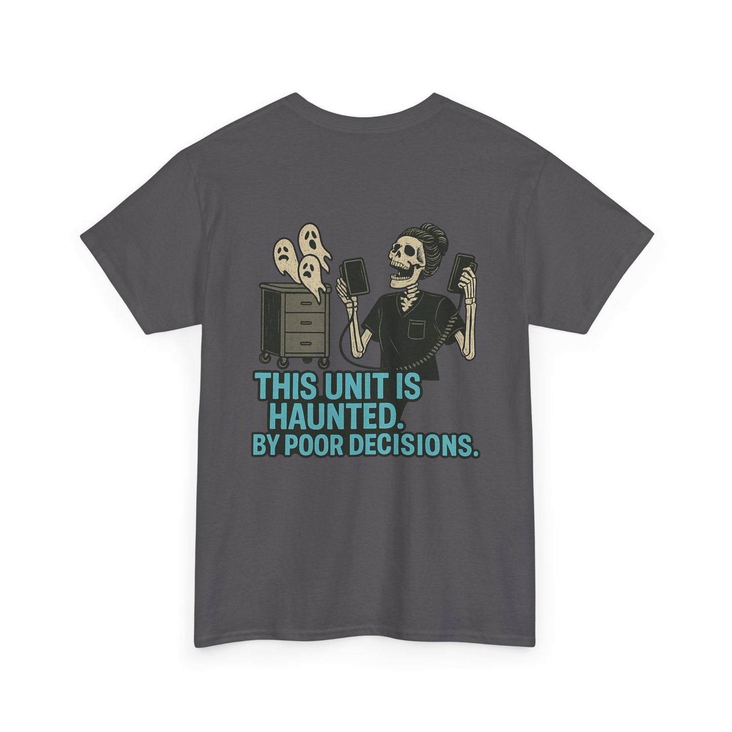 Haunted Poor Decisions Tee – Fun Unisex Heavy Cotton T-Shirt, Halloween Gift, Graphic Tee for Parties, Casual Wear, Spooky Humor