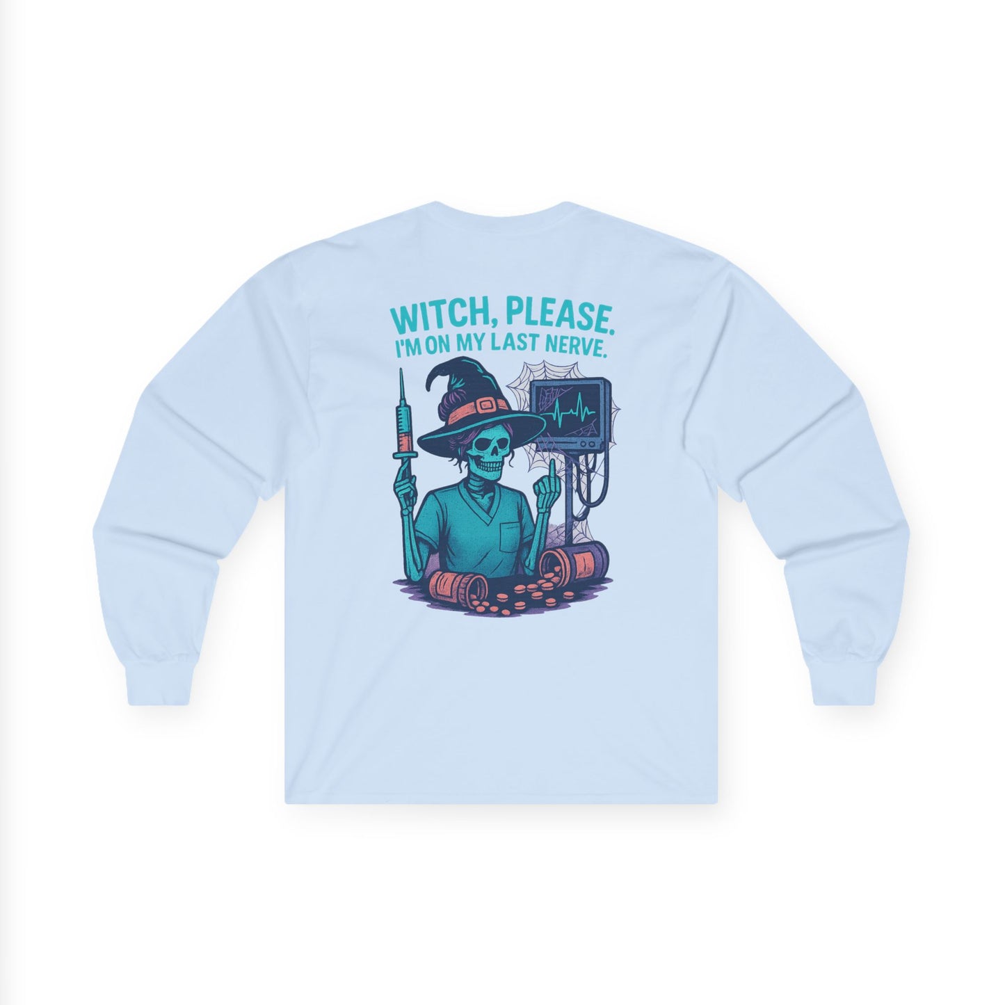 Witch-Themed Long Sleeve Tee, Halloween Shirt, Unisex Halloween Apparel, Spooky Graphic Tee, Witch Please Top, Casual Fall Wear