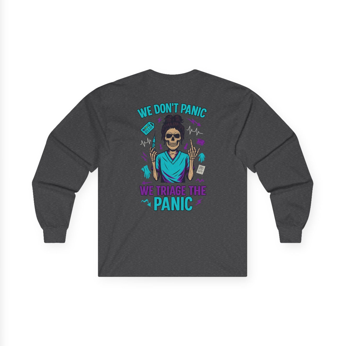 Skull Graphic Long Sleeve Tee - We Don't Panic, Unisex Cotton Top, Casual Wear, Halloween Gift, Trendy Streetwear, Unique Graphic Tee