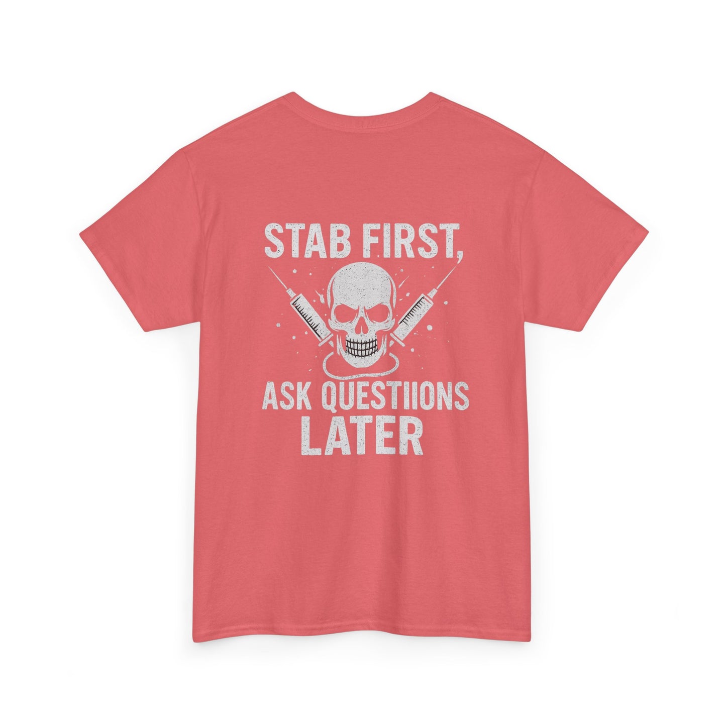 Funny Stab First Unisex Heavy Cotton Tee, Graphic Tee for Friends, Cool Gift for Birthdays, Casual Wear, Holiday Humor Apparel
