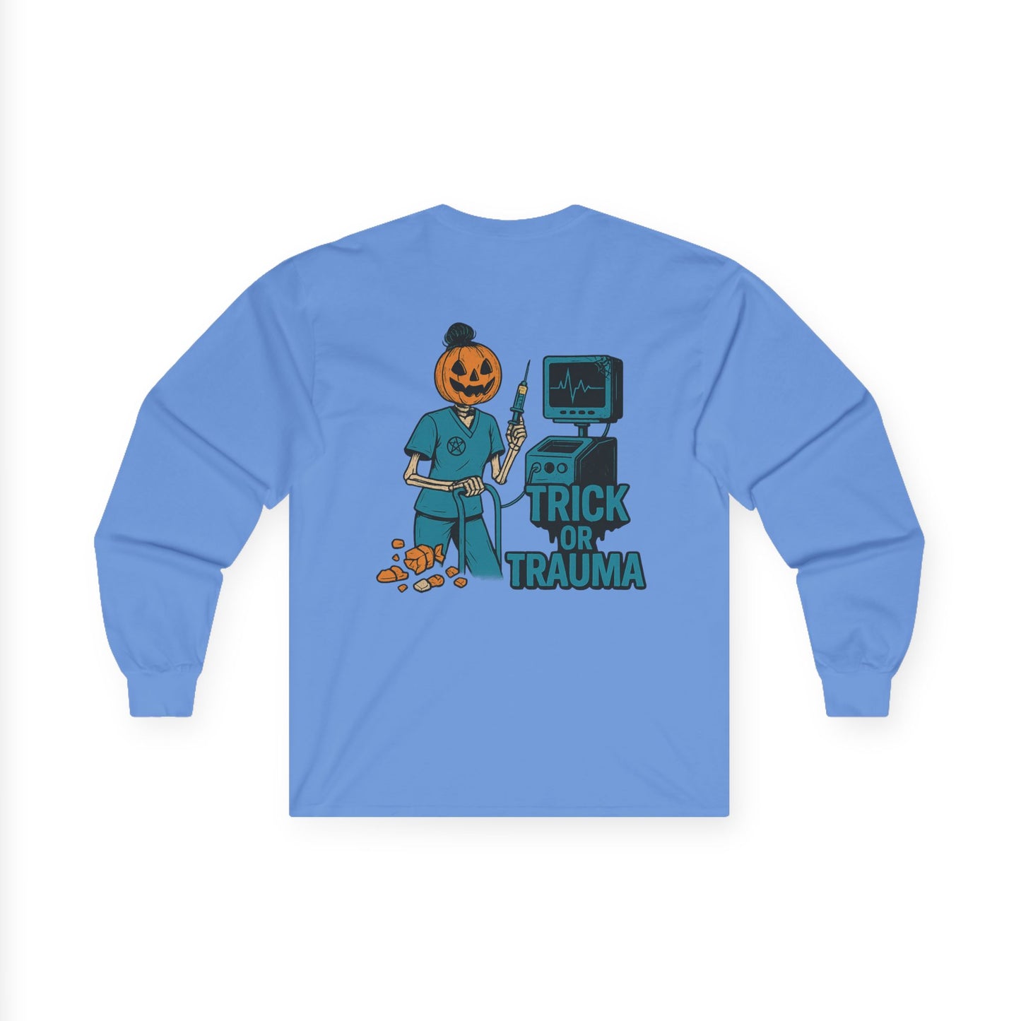 Halloween Trick or Trauma Long Sleeve Tee, Comfortable Unisex Tee, Fall Fashion Tee, Spooky Season Shirt, October Shirt