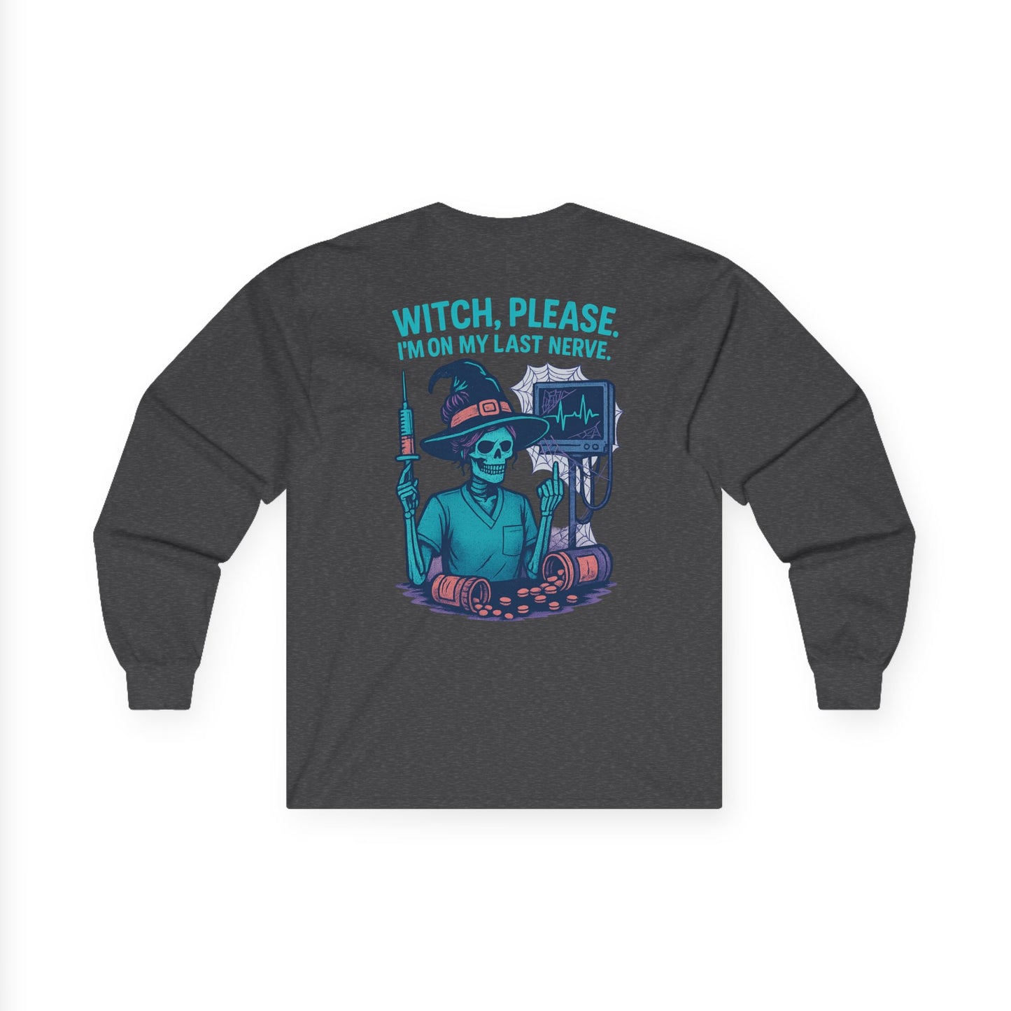 Witch-Themed Long Sleeve Tee, Halloween Shirt, Unisex Halloween Apparel, Spooky Graphic Tee, Witch Please Top, Casual Fall Wear